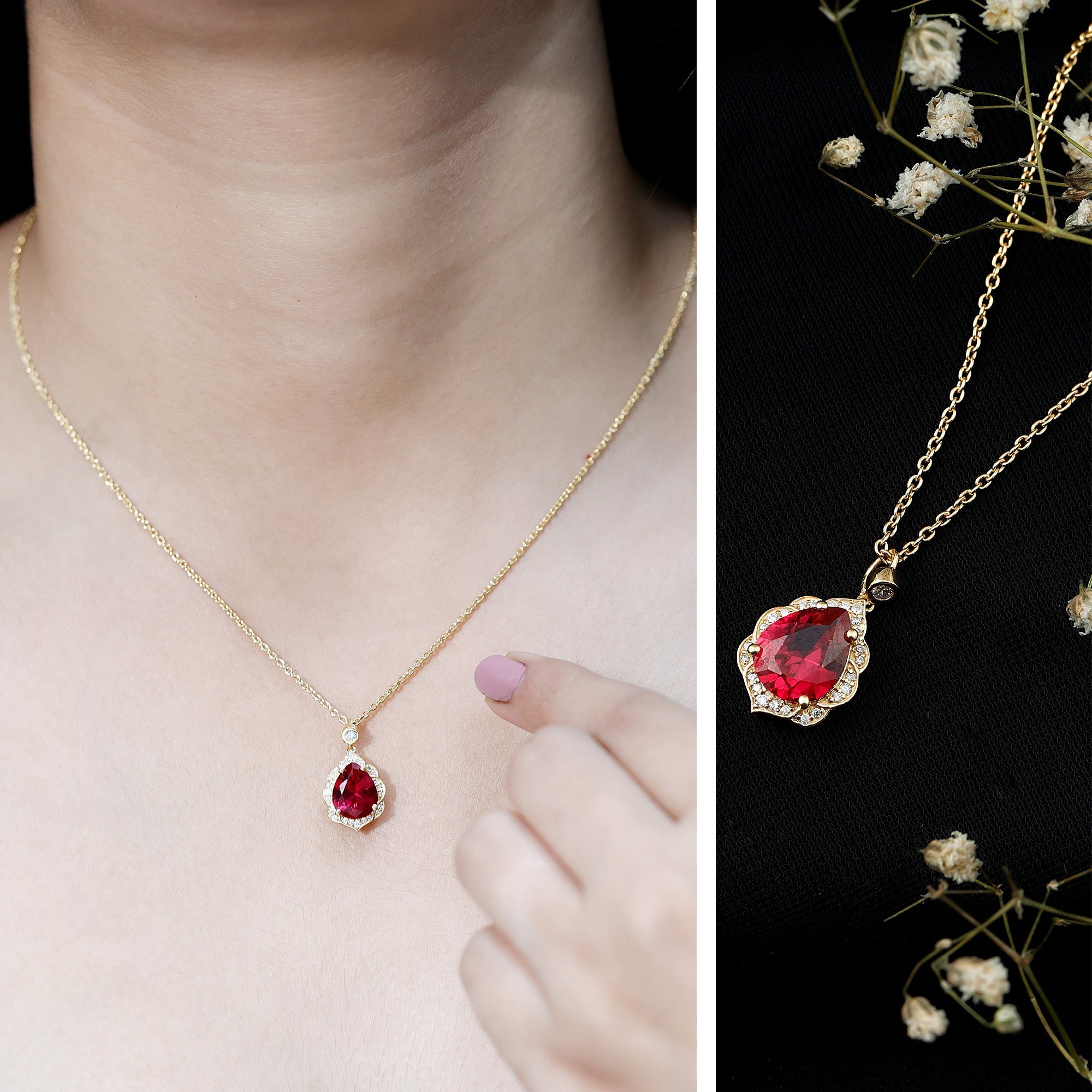 Certified Lab Grown Ruby Vintage Inspired Necklace with Diamond Halo
