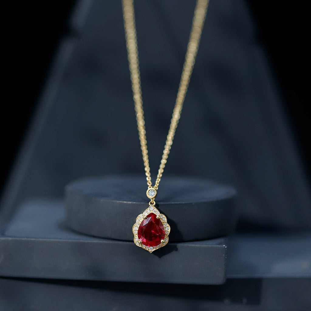 Certified Lab Grown Ruby Vintage Inspired Necklace with Diamond Halo