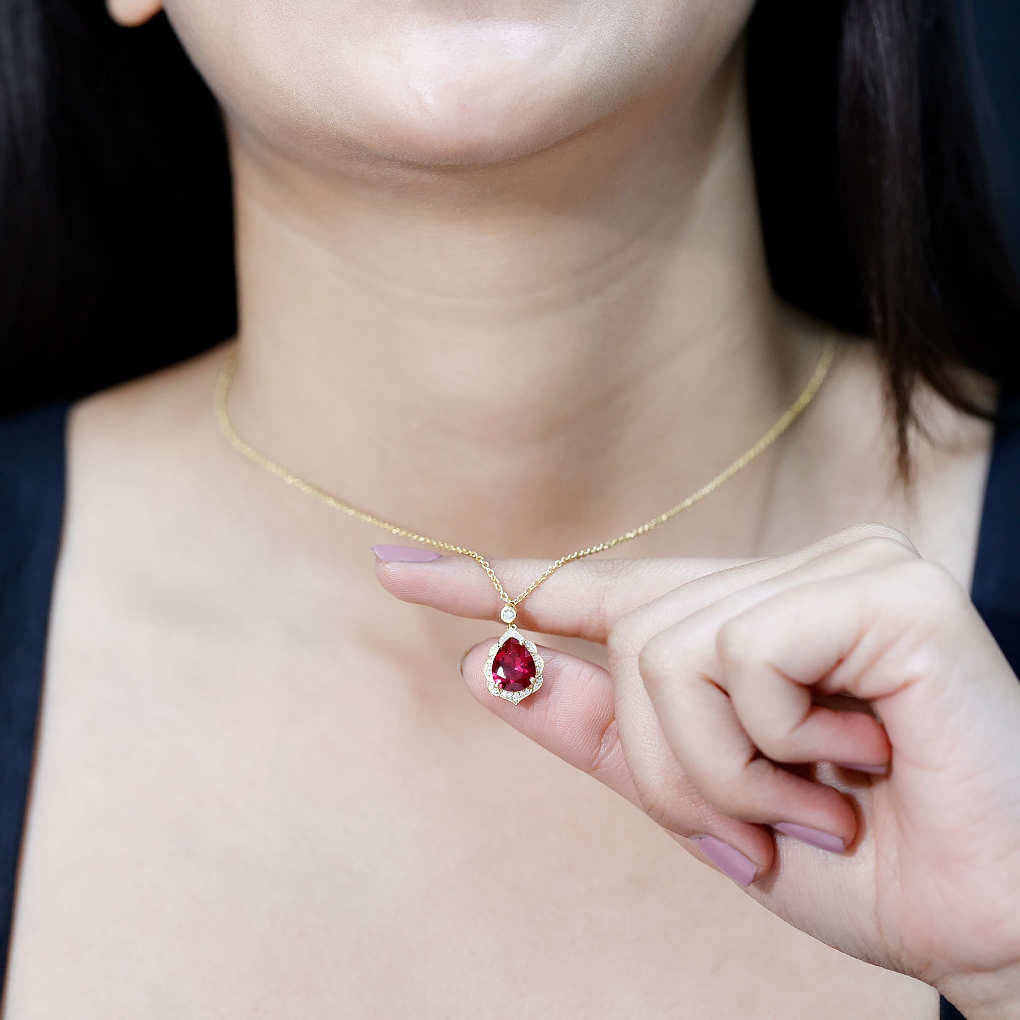 Certified Lab Grown Ruby Vintage Inspired Necklace with Diamond Halo