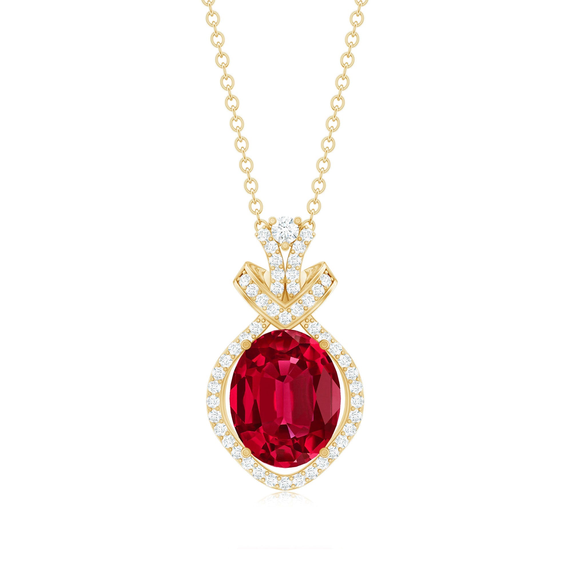 Lab Grown Ruby Designer Art Deco Necklace with Diamond Accent
