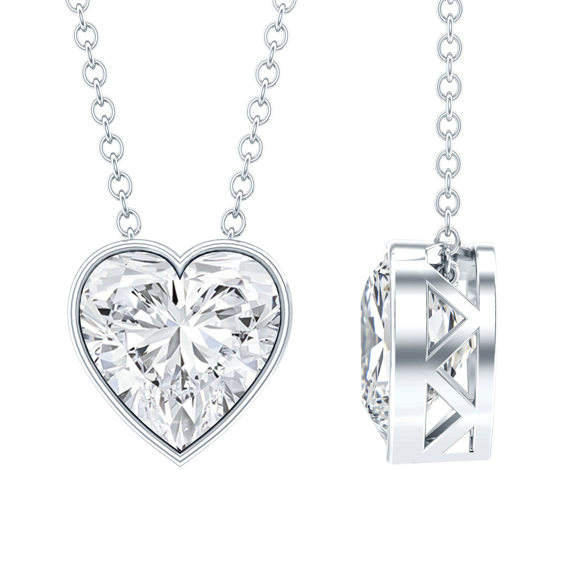 Bezel Set 2 Carat Cubic Zirconia Heart Pendant Necklace with Chain