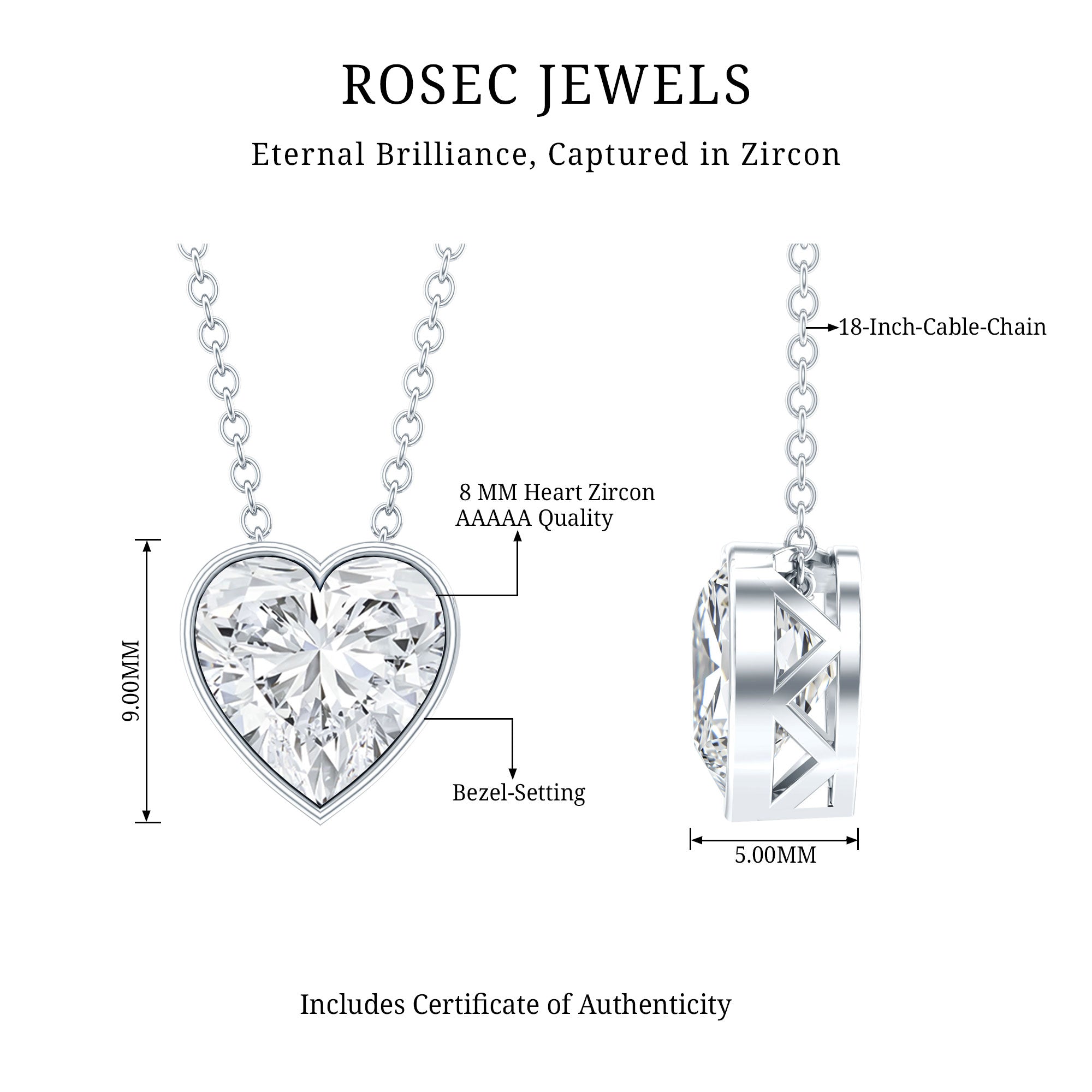 Bezel Set 2 Carat Cubic Zirconia Heart Pendant Necklace with Chain