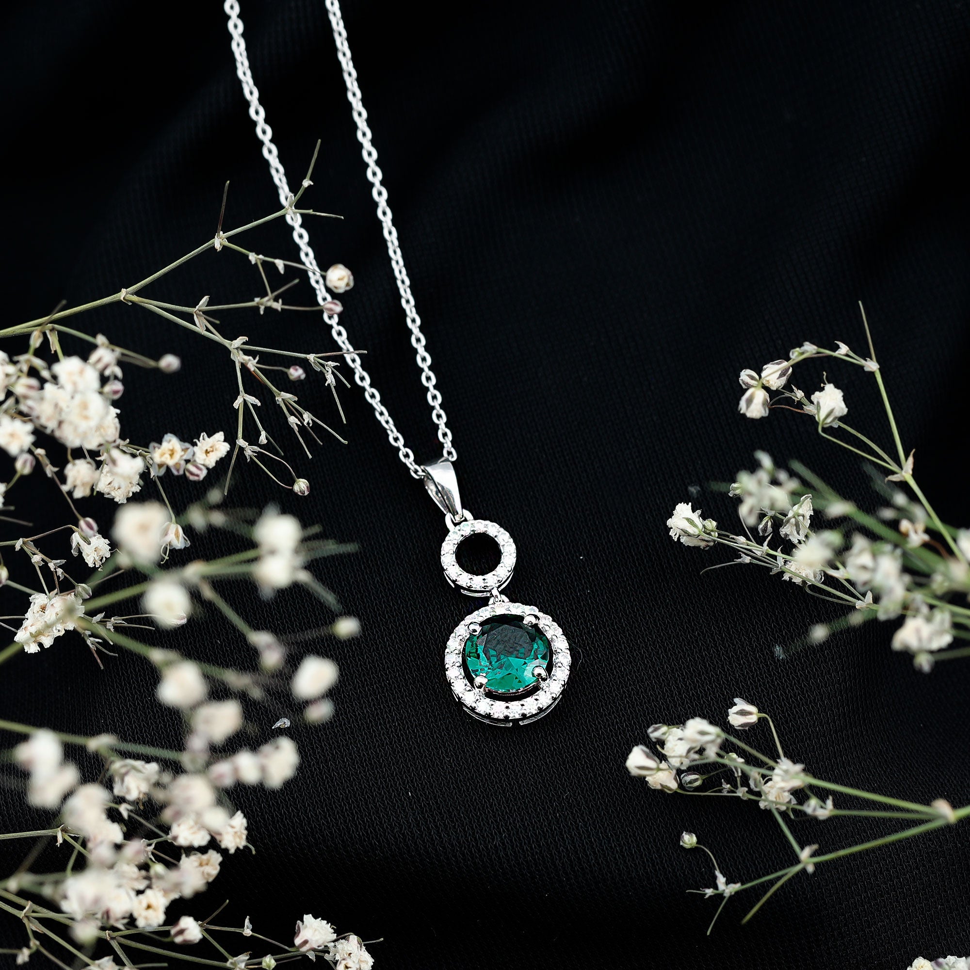 Lab Grown Emerald and Moissanite Halo Pendant Necklace