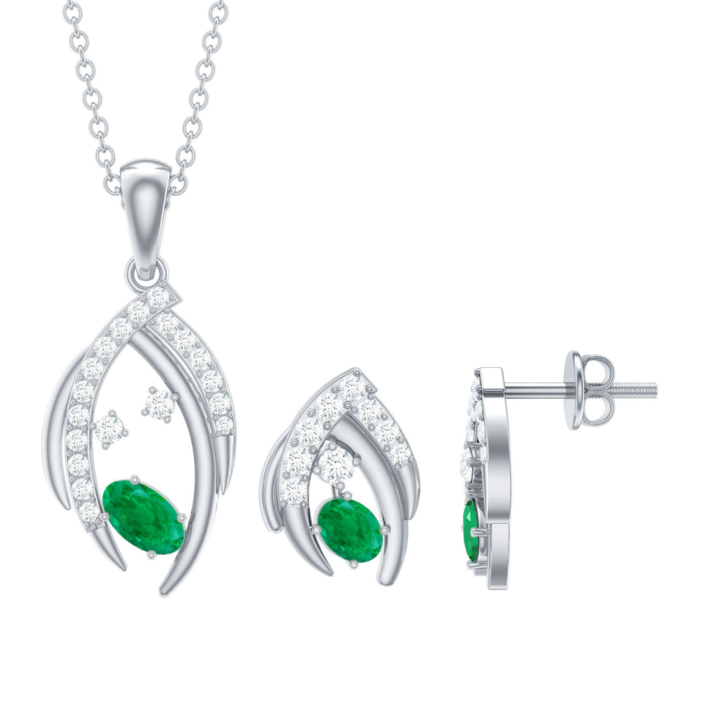 Minimalist Emerald and Diamond Necklace and Earrings Set