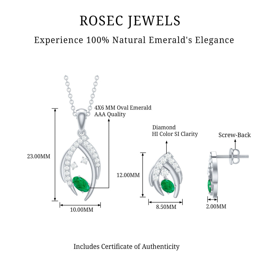 Minimalist Emerald and Diamond Necklace and Earrings Set