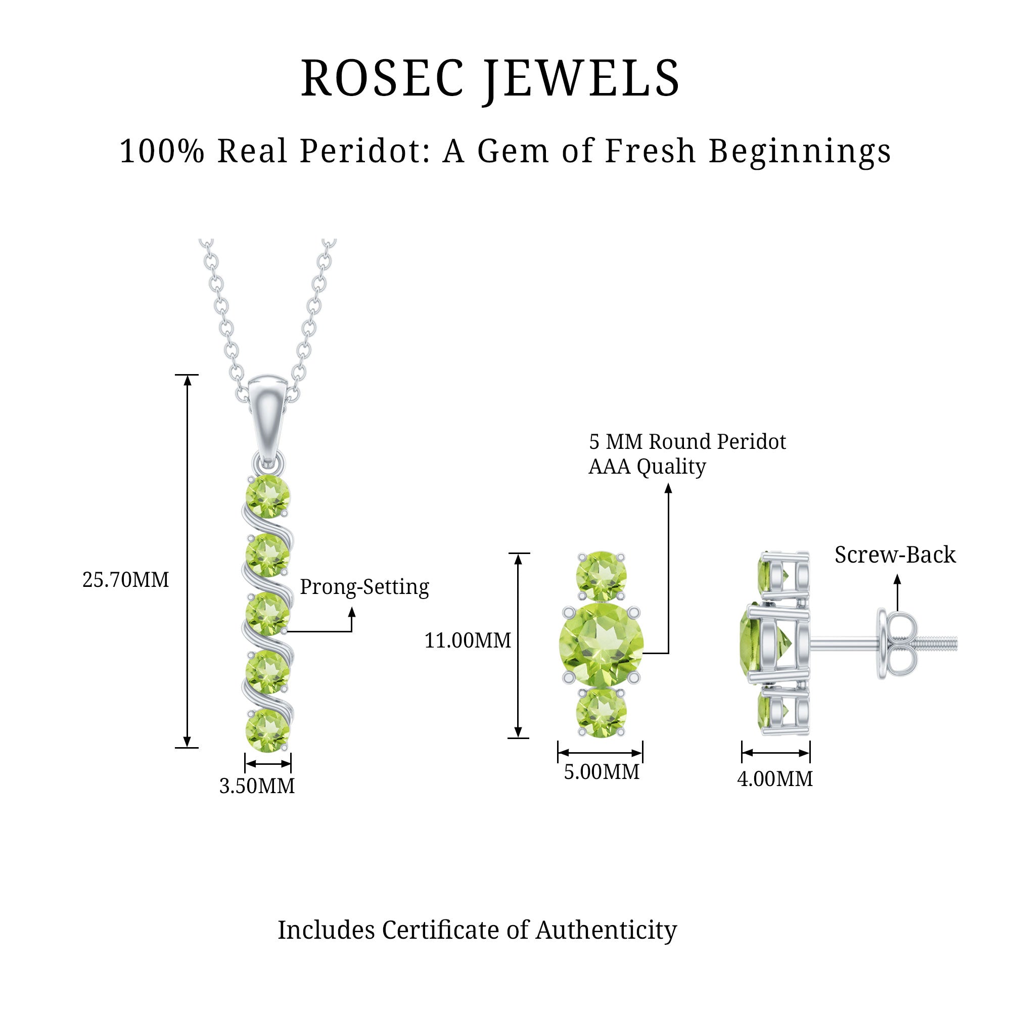 Round Cut Natural Peridot Bar Necklace and Earrings Set