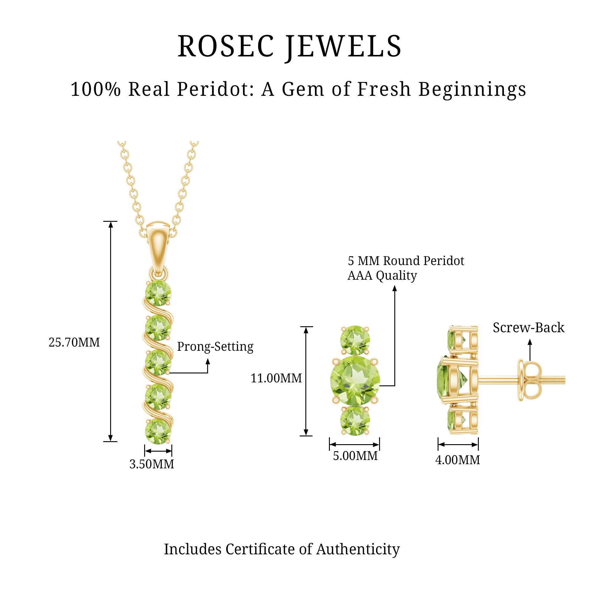 Round Cut Natural Peridot Bar Necklace and Earrings Set