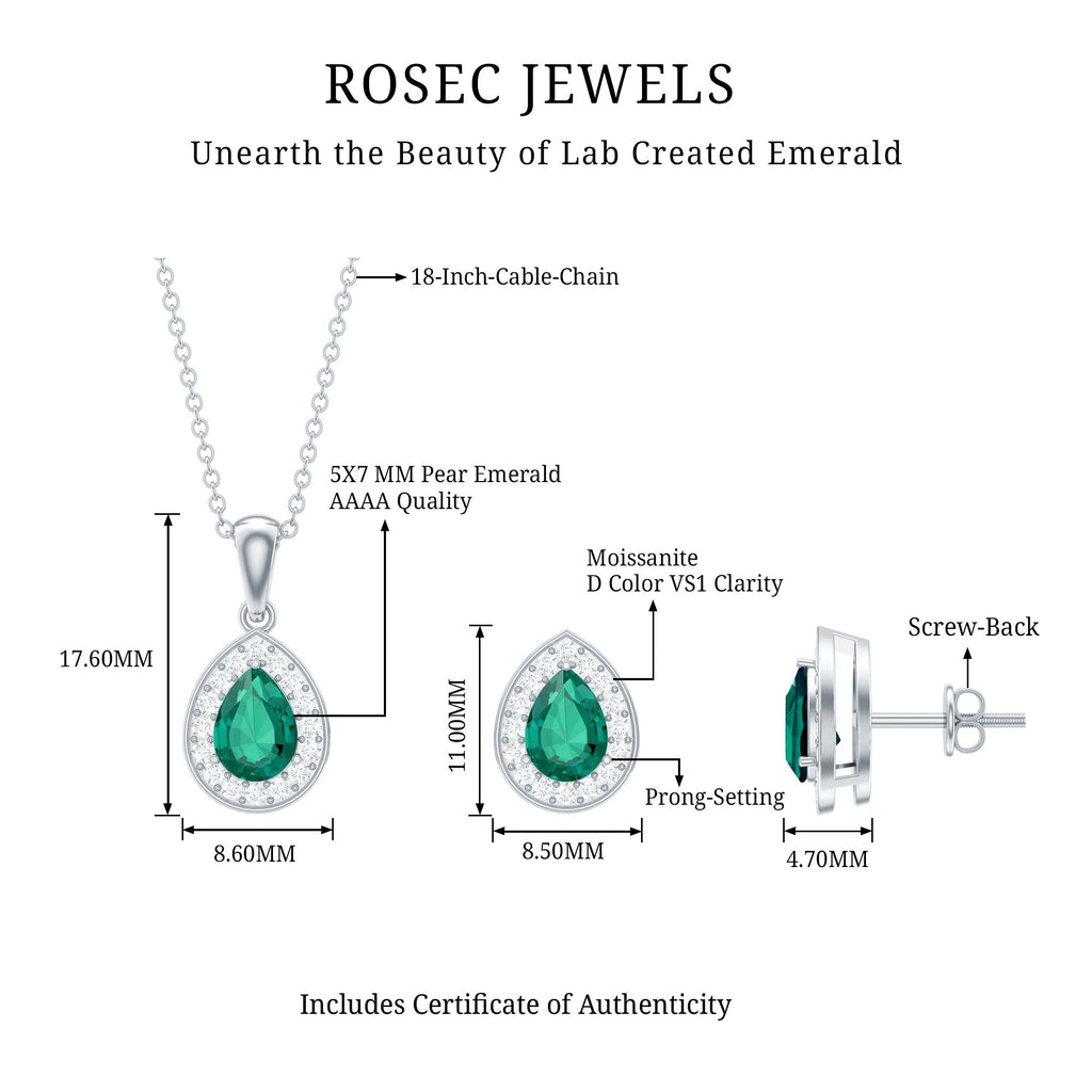 2 Carat Pear Shaped Lab Created Emerald and Diamond Teardrop Jewelry Set