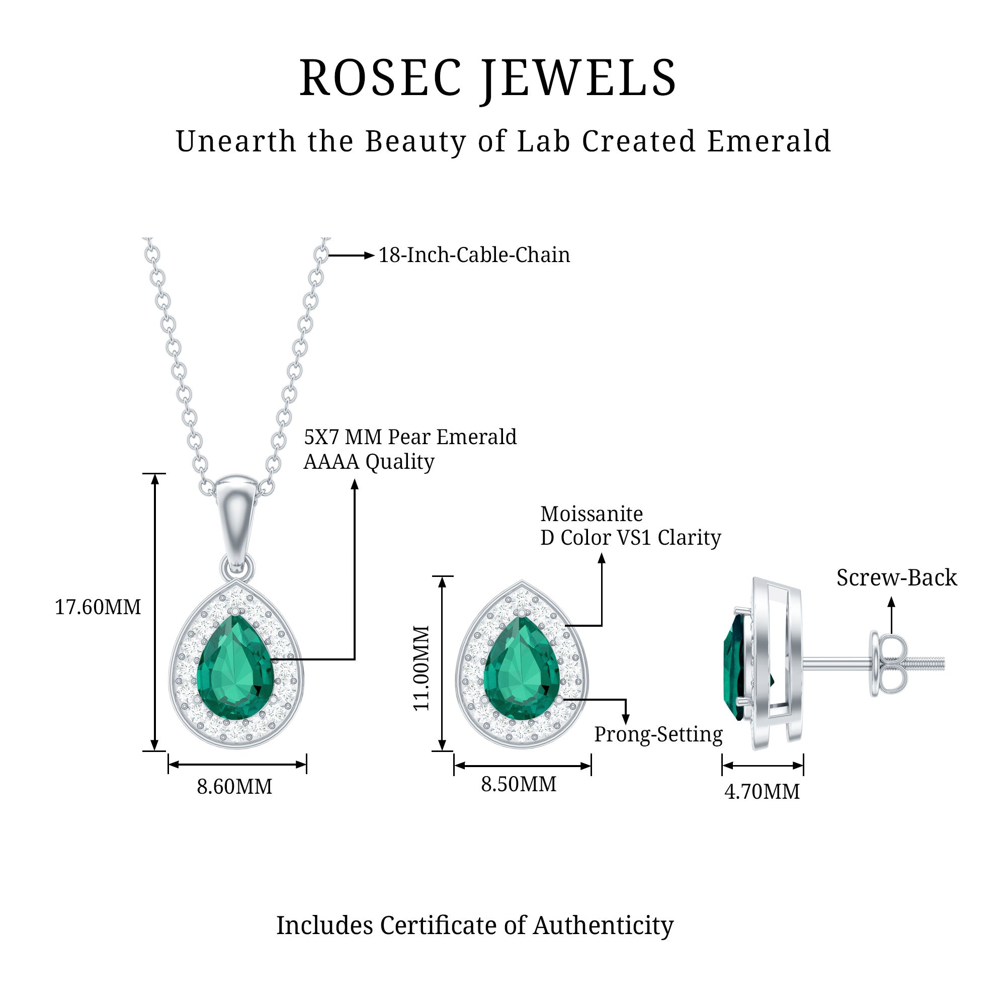 2 Carat Pear Shaped Lab Created Emerald and Diamond Teardrop Jewelry Set
