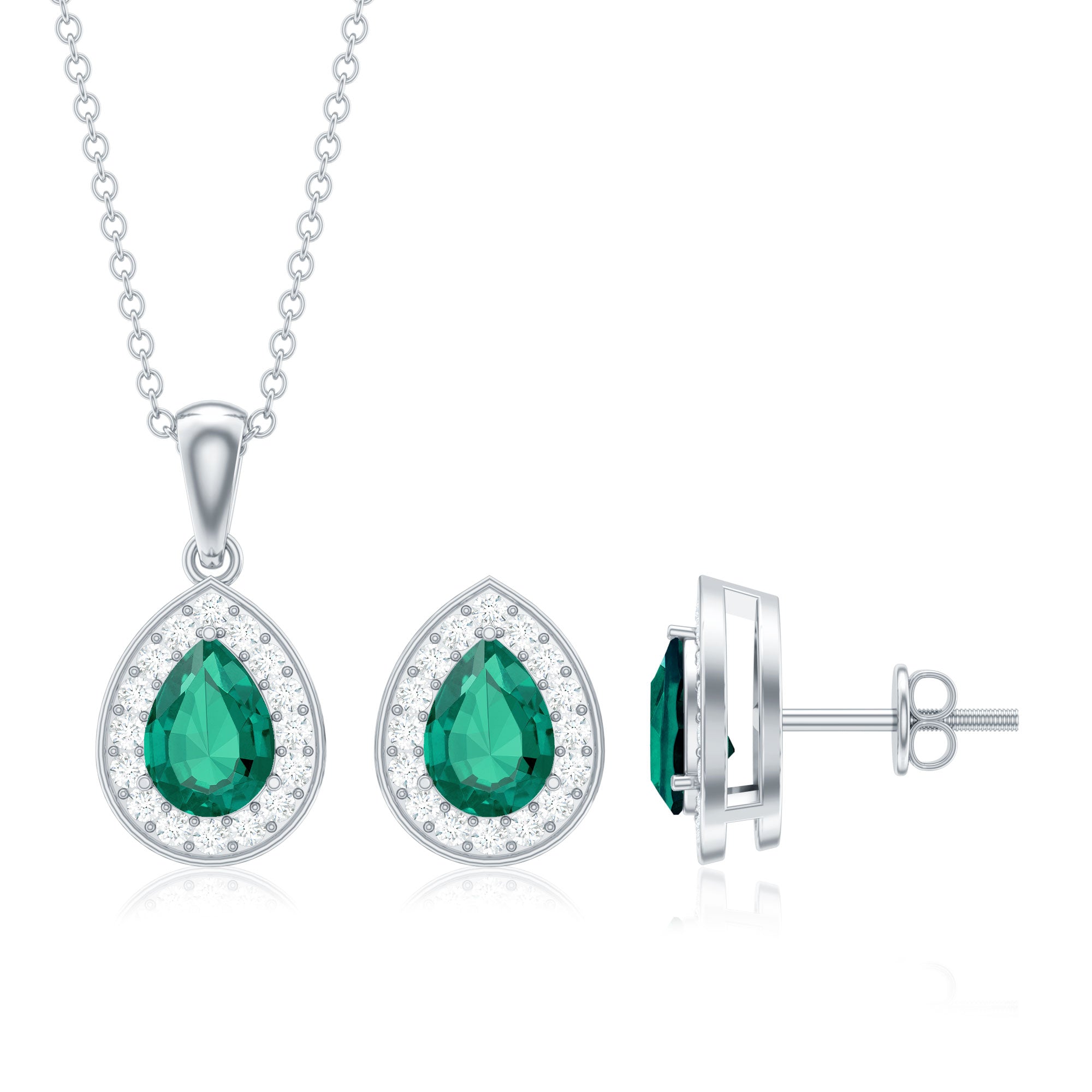 2 Carat Pear Shaped Lab Created Emerald and Diamond Teardrop Jewelry Set