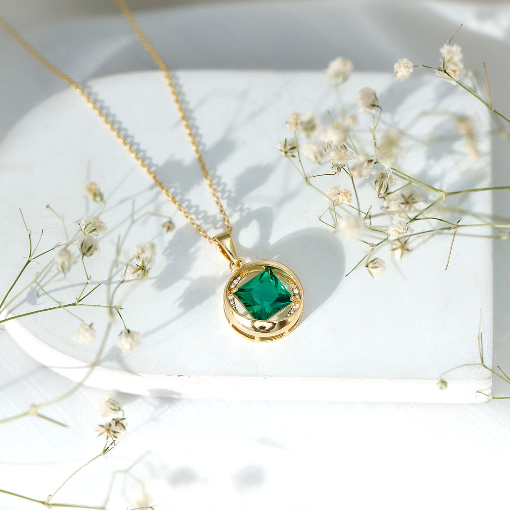 2.4 Carat Lab Created Emerald Princess Cut Pendant with Diamond