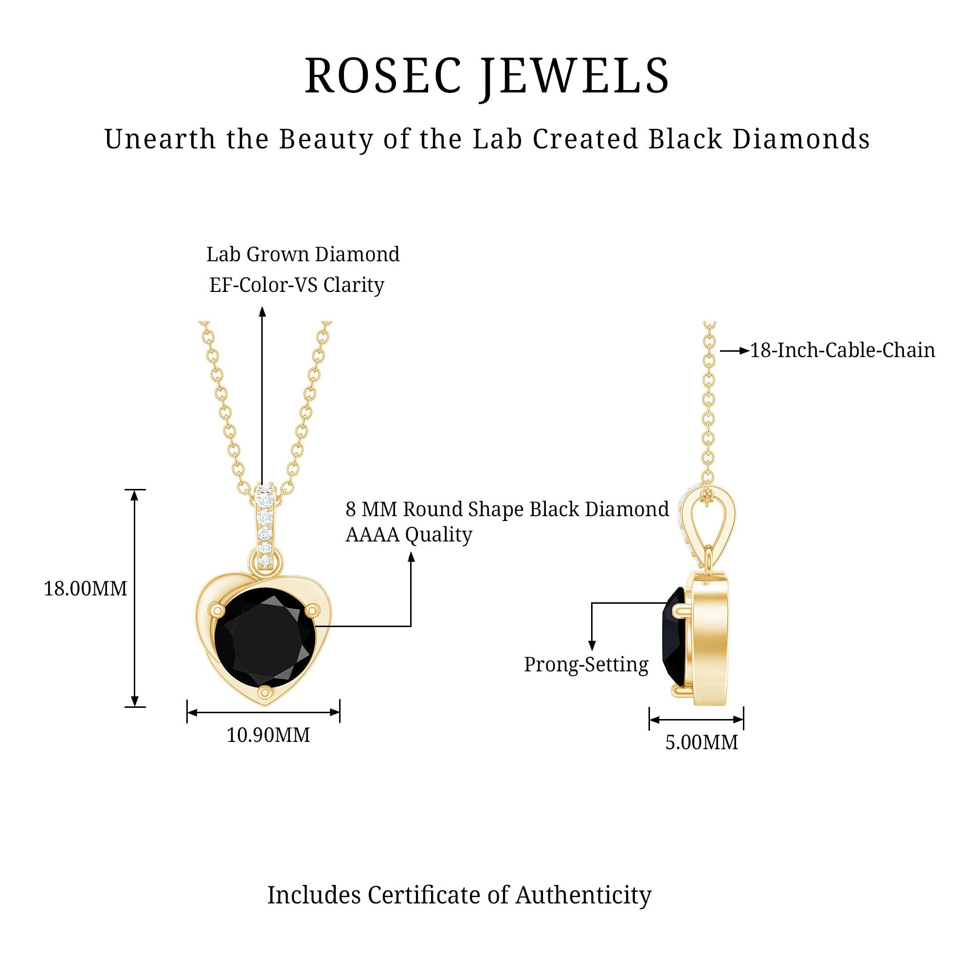 2 Carat Round Lab Created Black and White Diamond Solitaire Heart Necklace