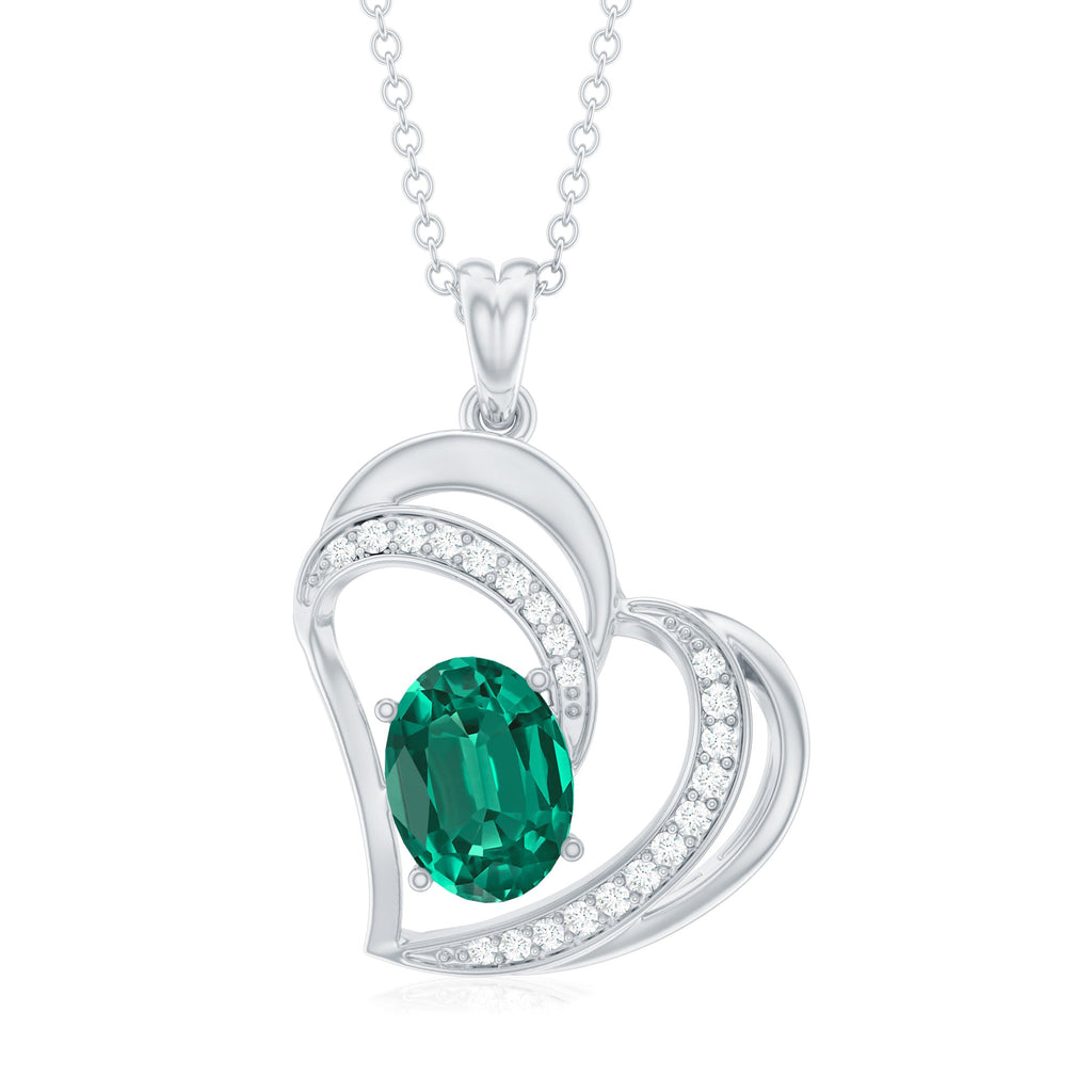 Lab Grown Emerald Heart Pendant Necklace with Diamonds