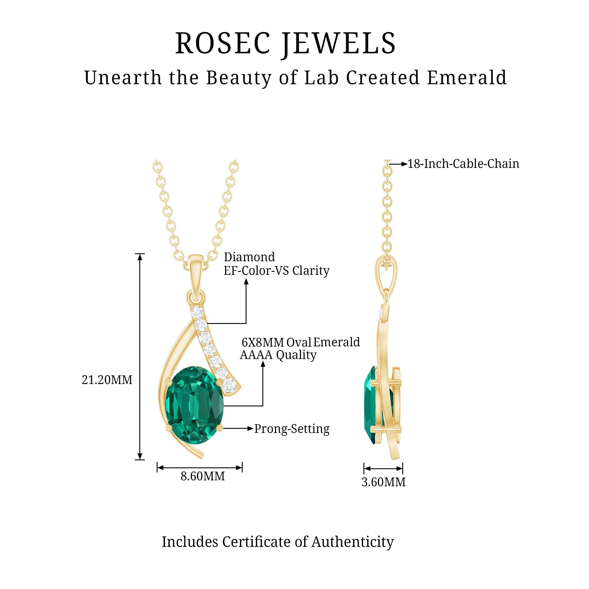 Certified Lab Grown Emerald Pendant Necklace with Diamond Accent