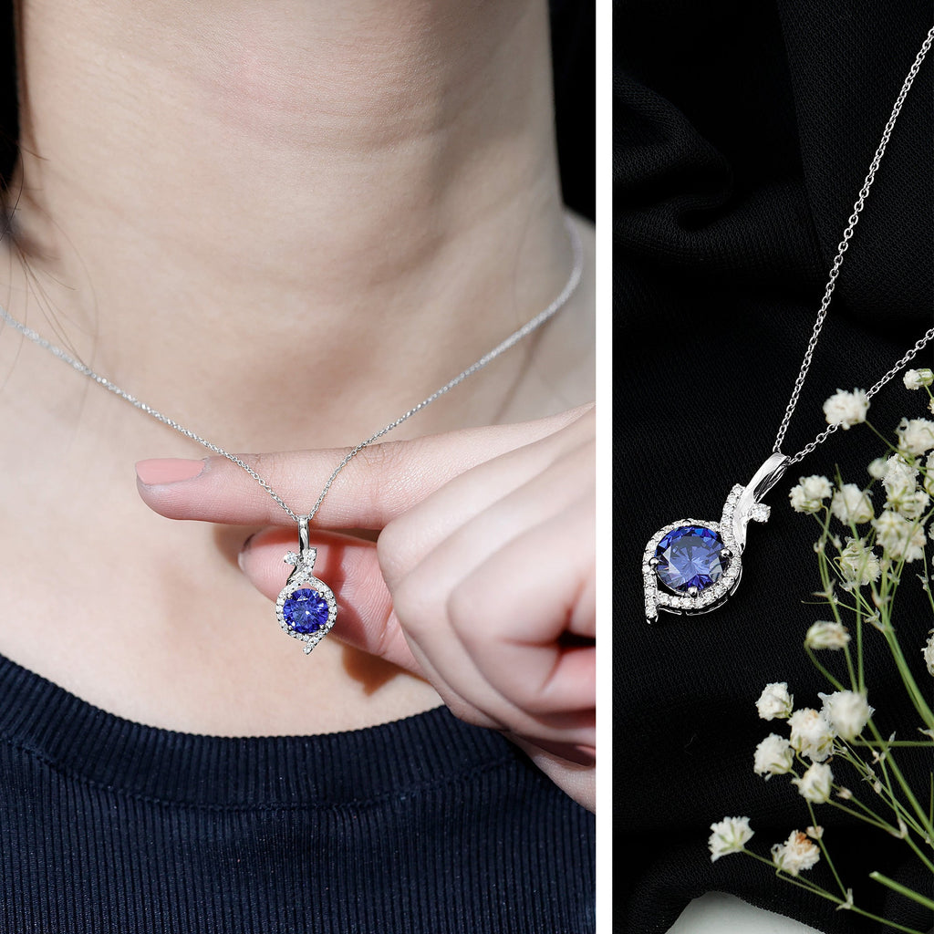 Certified Lab Grown Blue Sapphire Pendant Necklace With Diamonds