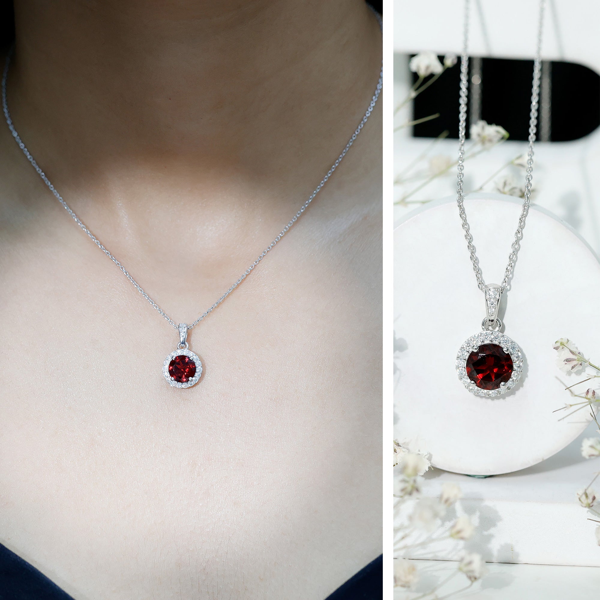 Sterling Silver 2.3 Carat Garnet Halo Necklace with Silver Chain