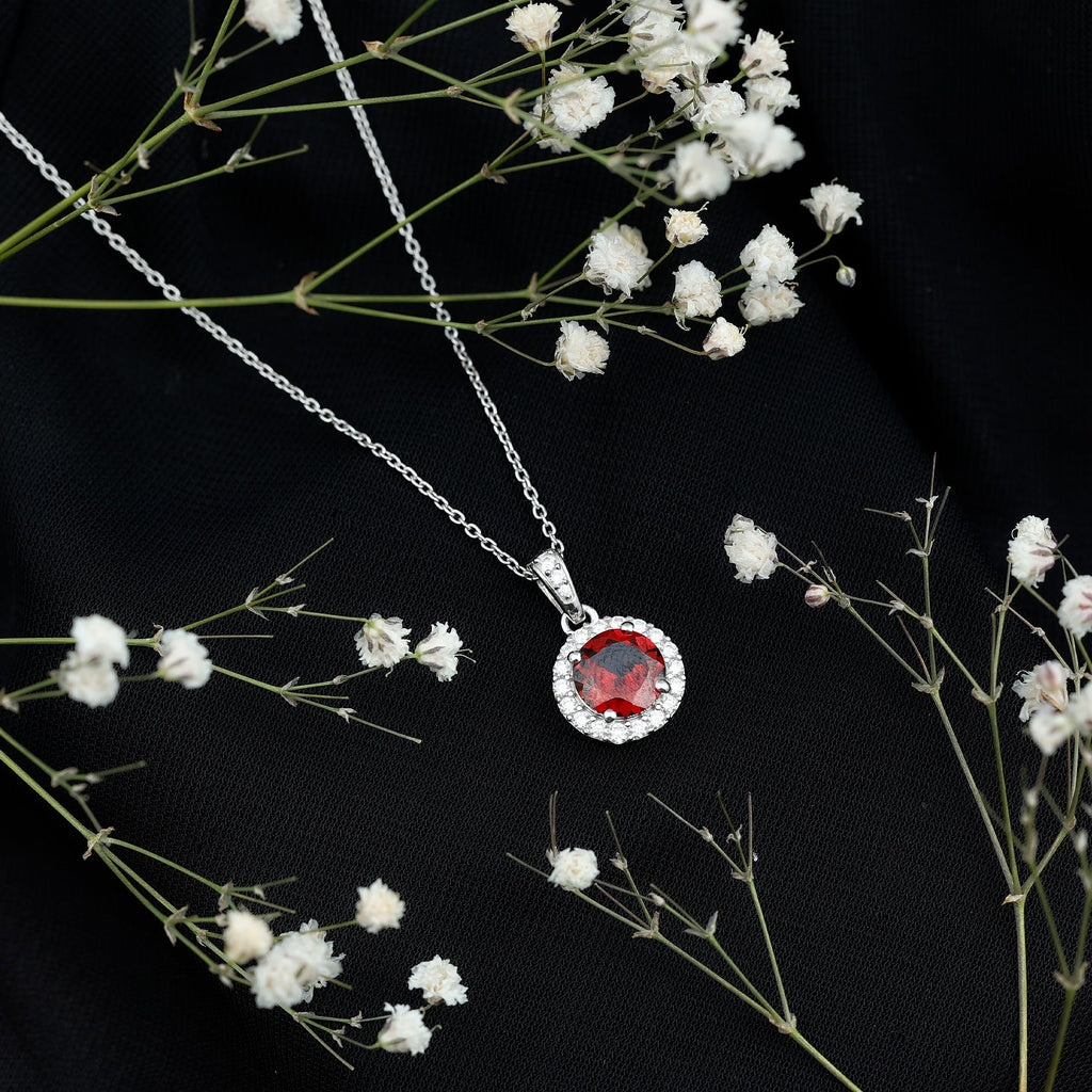 Sterling Silver 2.3 Carat Garnet Halo Necklace with Silver Chain