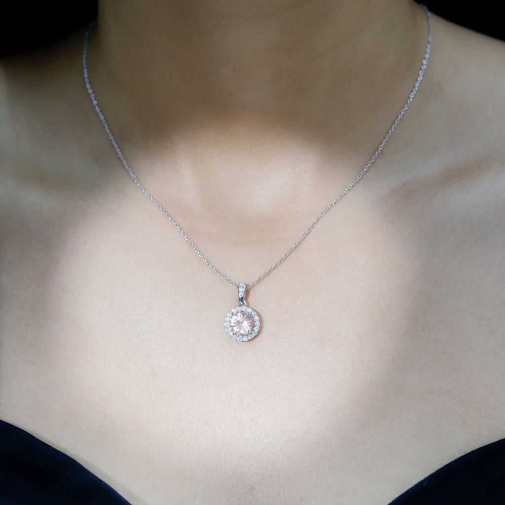 Natural 2 Carat Peach Morganite Solitaire Necklace With Silver Chain