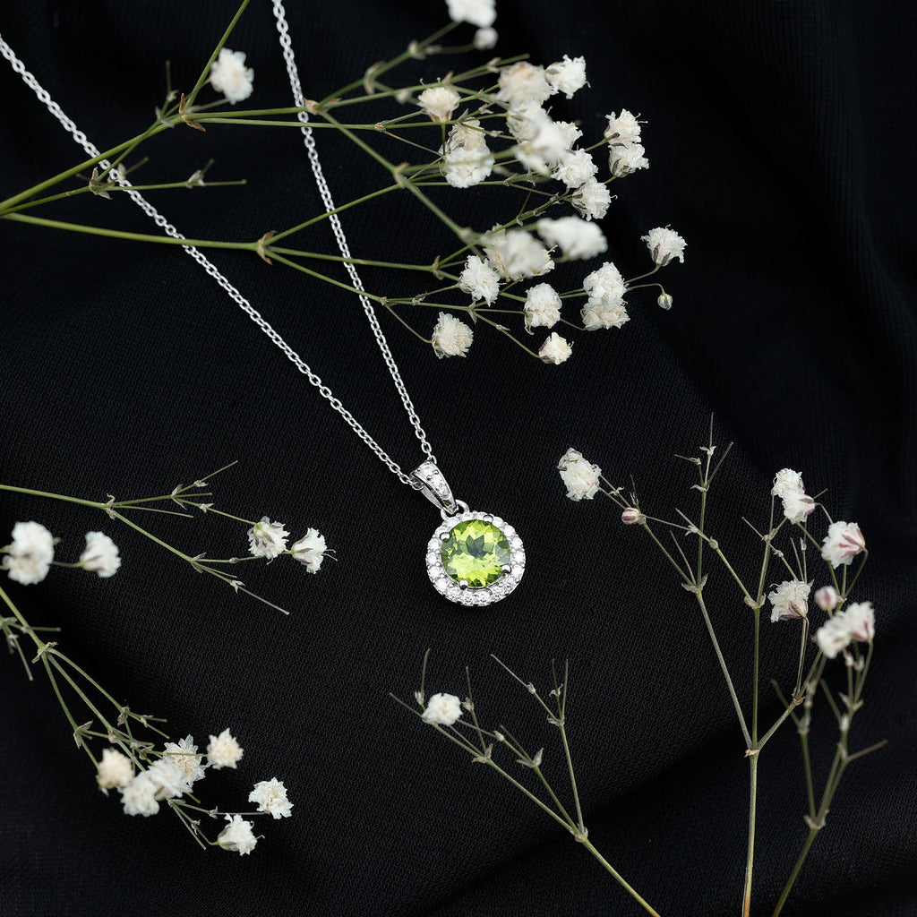 Sterling Silver 2 Carat Peridot Pendant Necklace with Halo