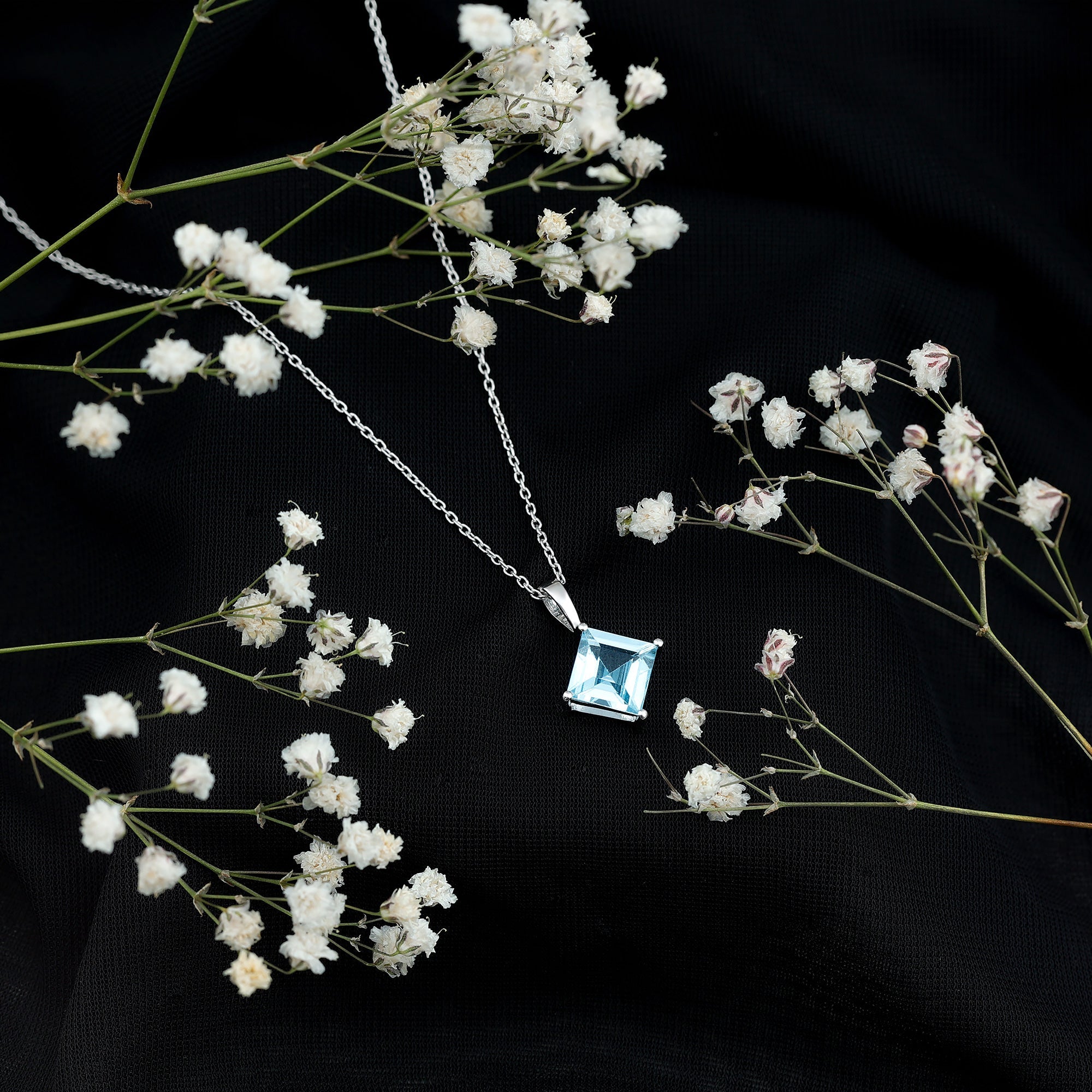 3 Carat Princess Cut Sky Blue Topaz Solitaire Necklace with Silver Chain