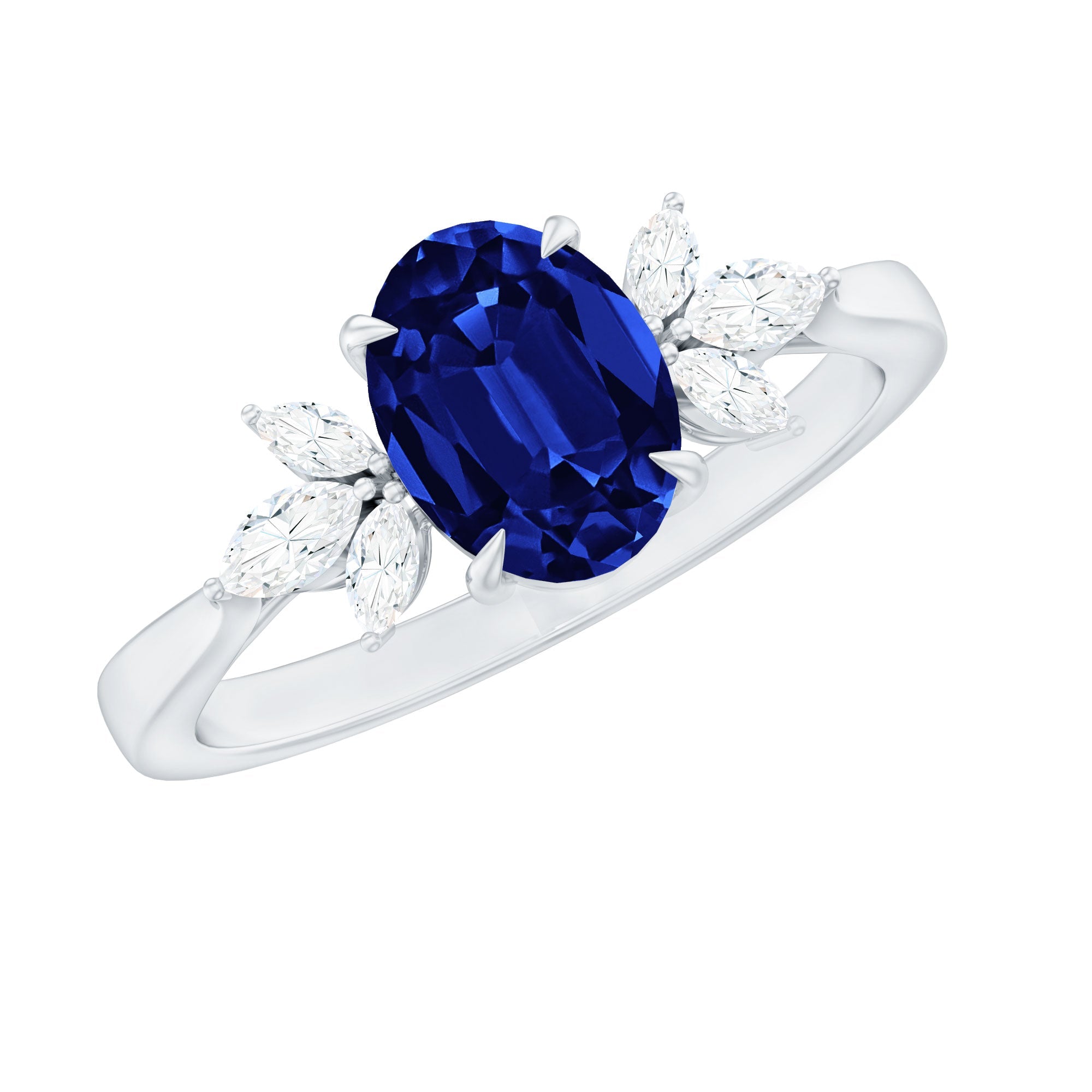 Certified 1.5 Carat Oval Lab Grown Blue Sapphire Engagement Ring with Diamond Trio