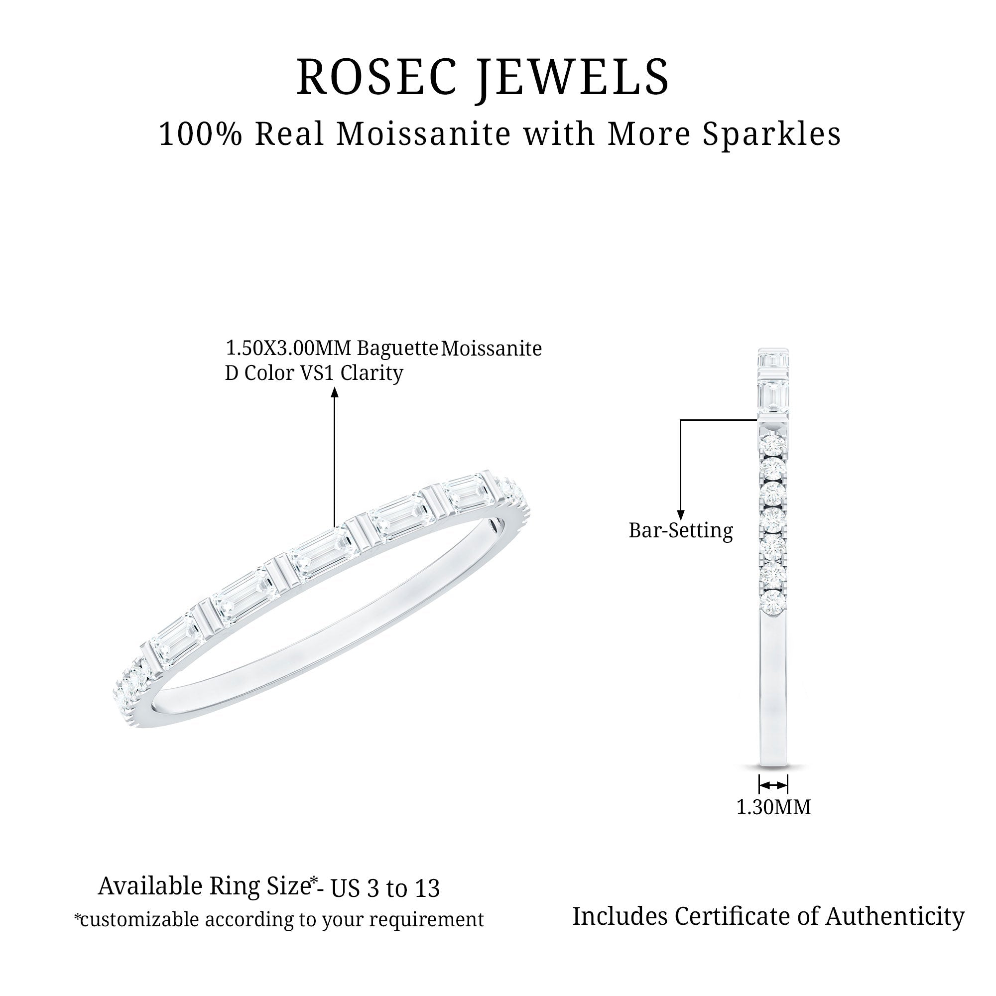 Baguette Shape Moissanite Stackable Ring in Bar Setting