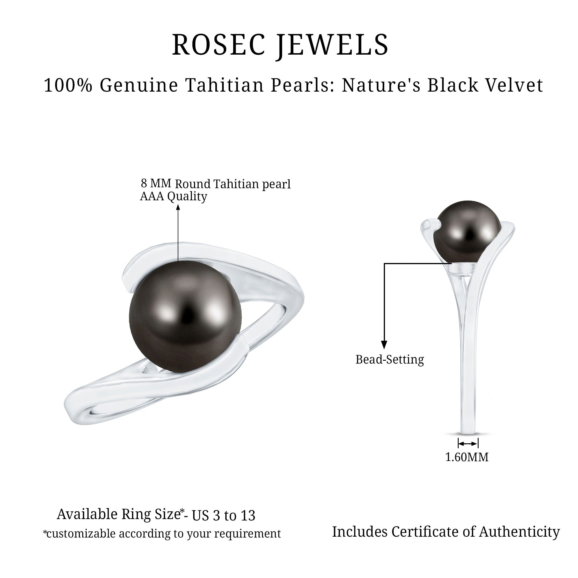 Tahitian Black Pearl Solitaire Bypass Engagement Ring