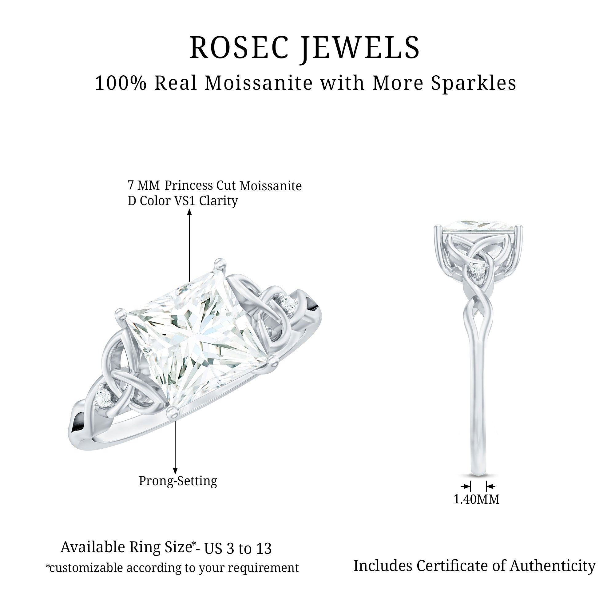 8 MM Princess Cut Moissanite Solitaire Engagement Celtic Ring