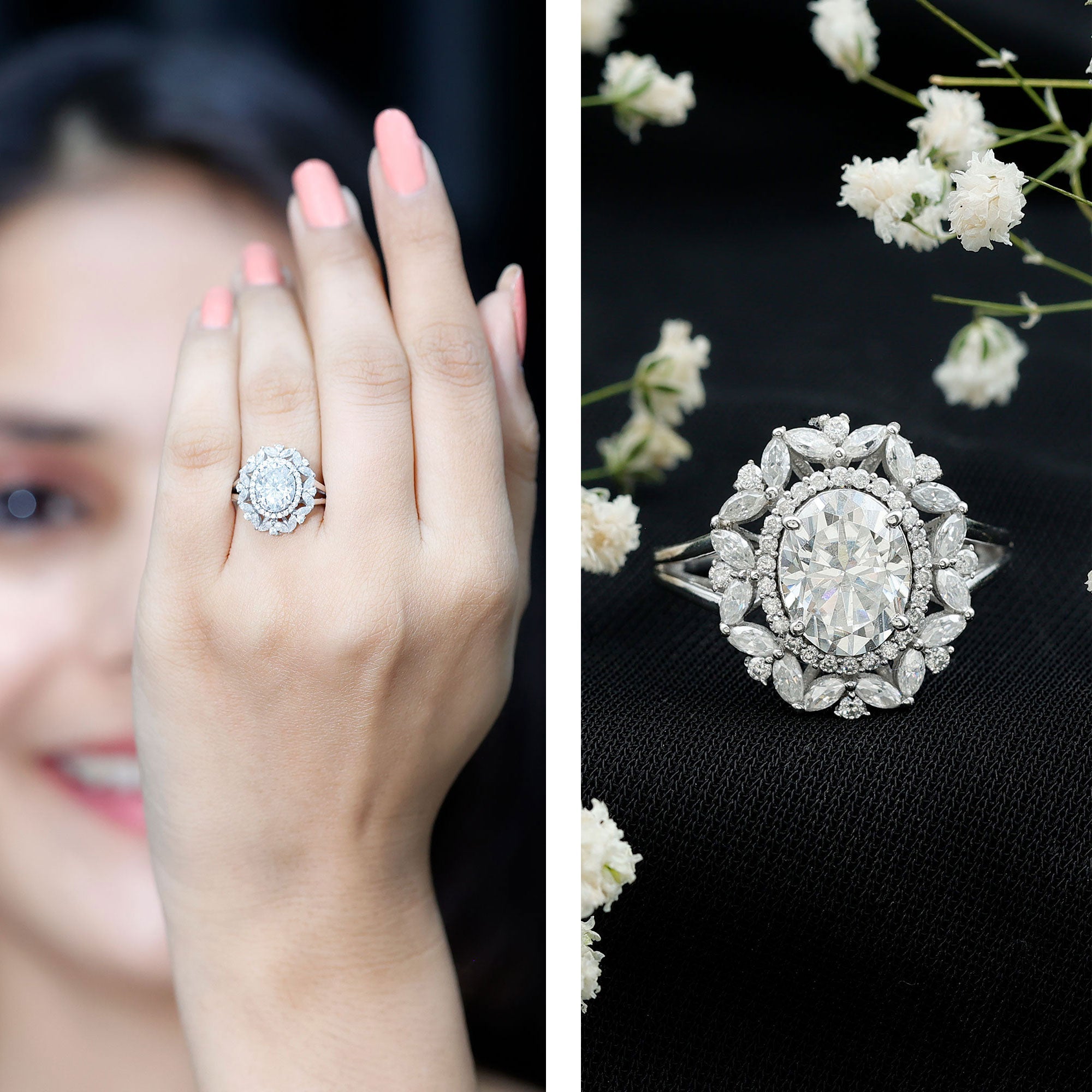 Oval Cut 7X9 MM Moissanite Double Halo Engagement Ring