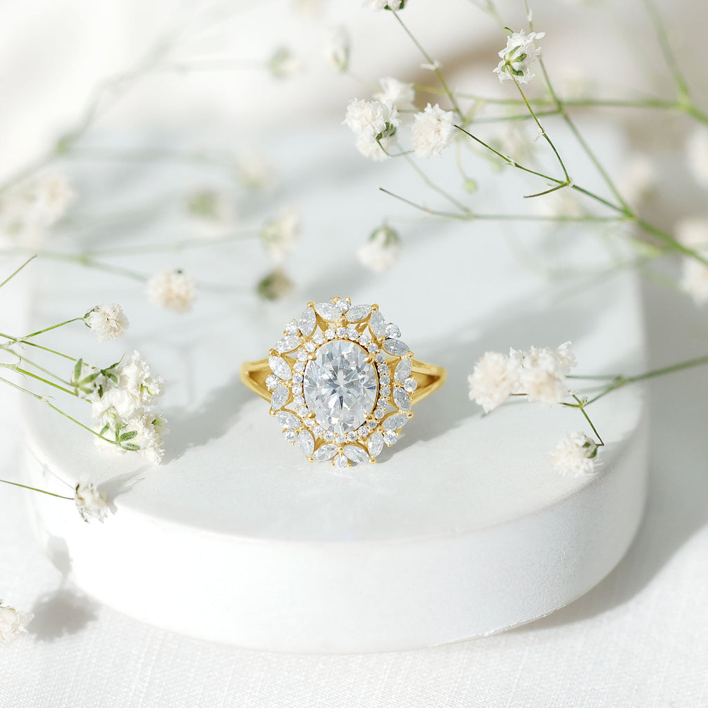 Oval Cut 7X9 MM Moissanite Double Halo Engagement Ring