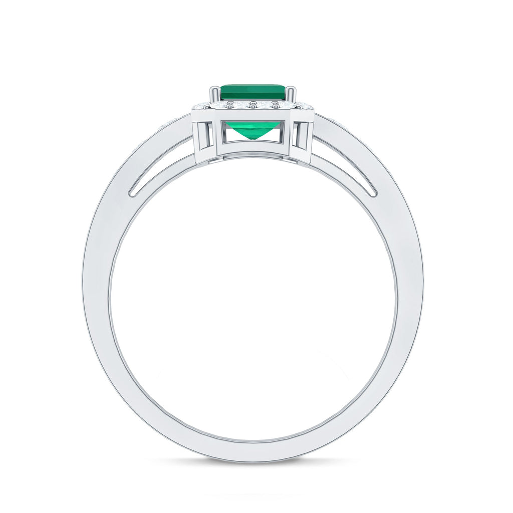 Certified Emerald Cut Lab Grown Emerald Vintage Engagement Ring with Diamond