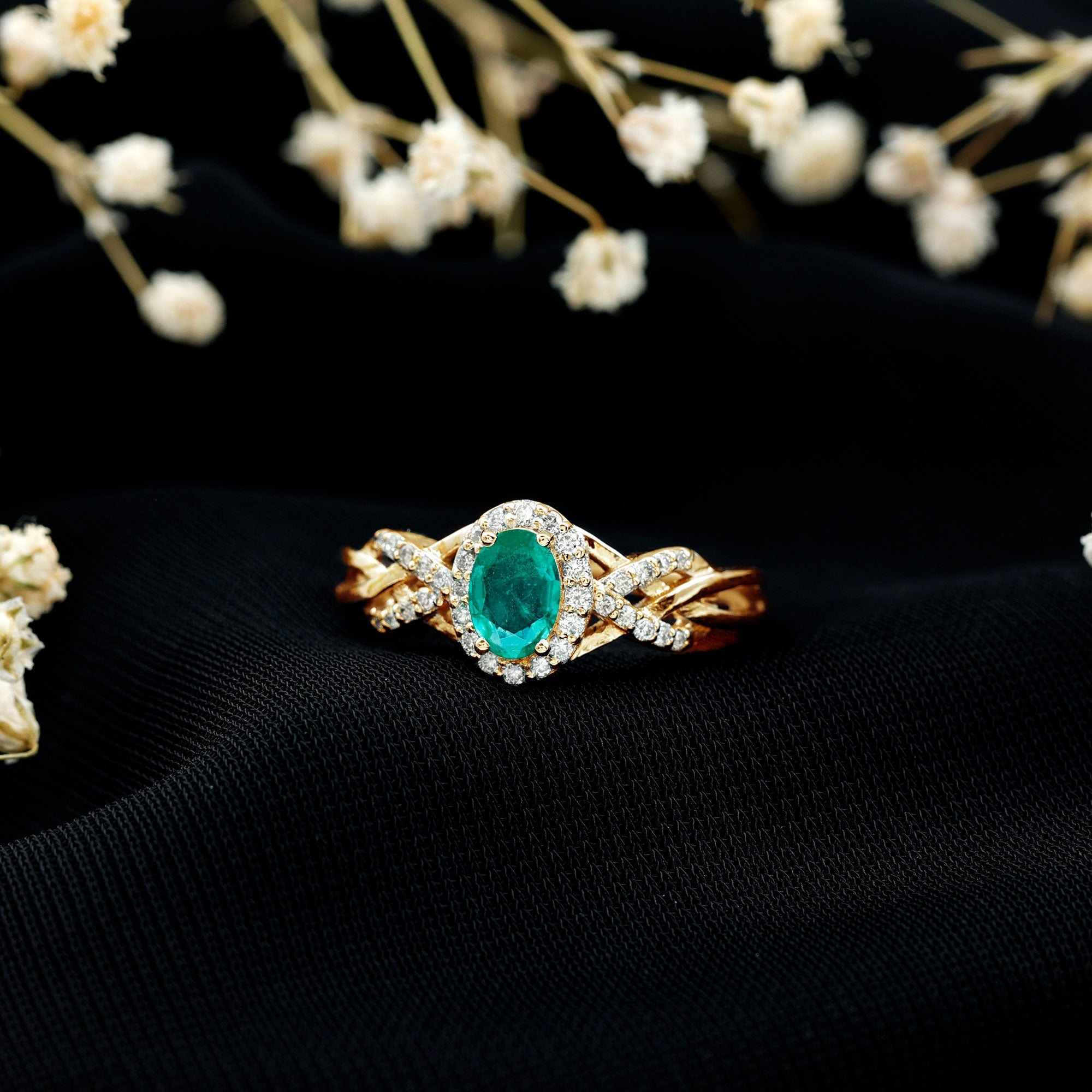 Designer Emerald Oval Engagement Ring with Diamond Halo