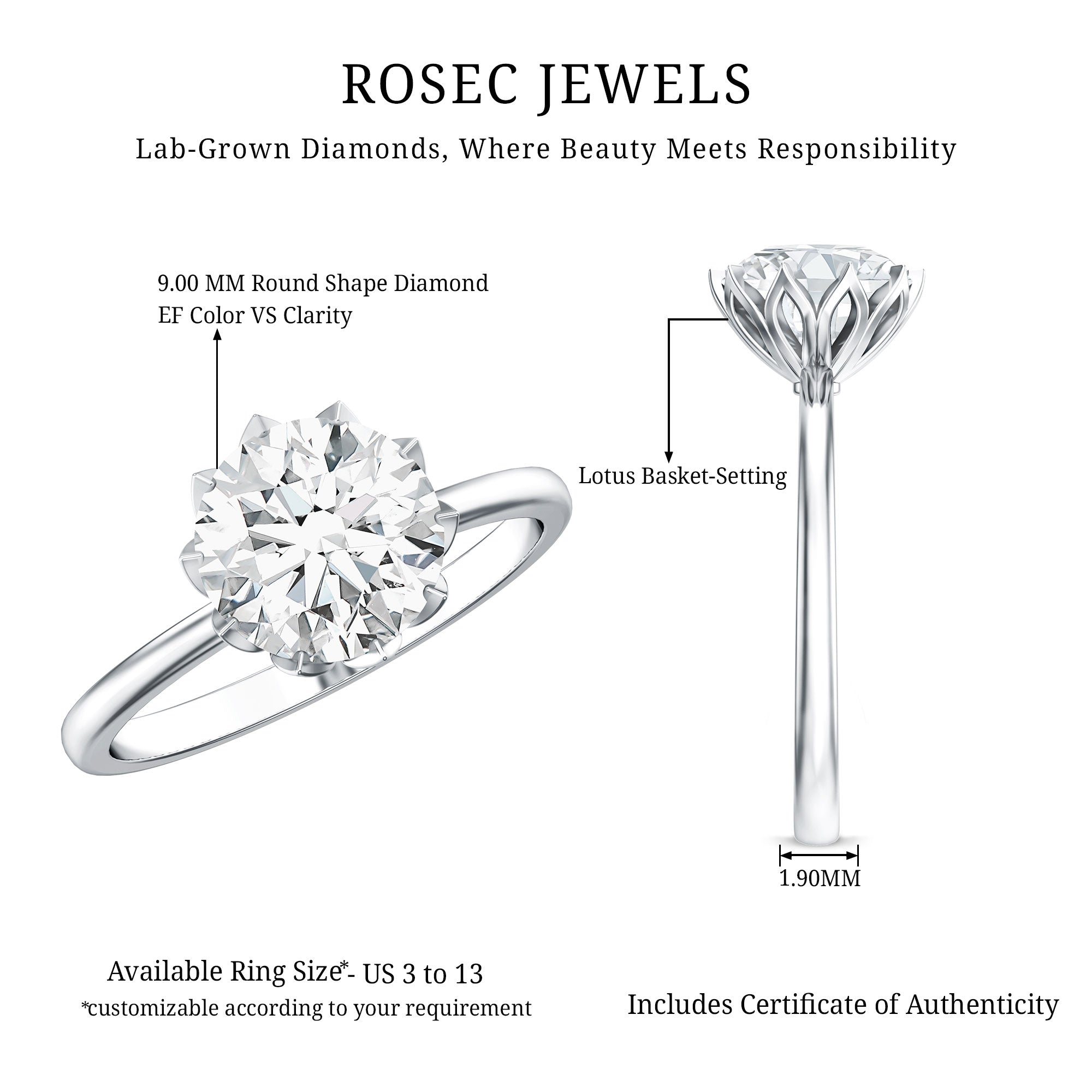 Lotus Basket Set Lab Grown Diamond 3 Carat Engagement Ring with IGI Certificate