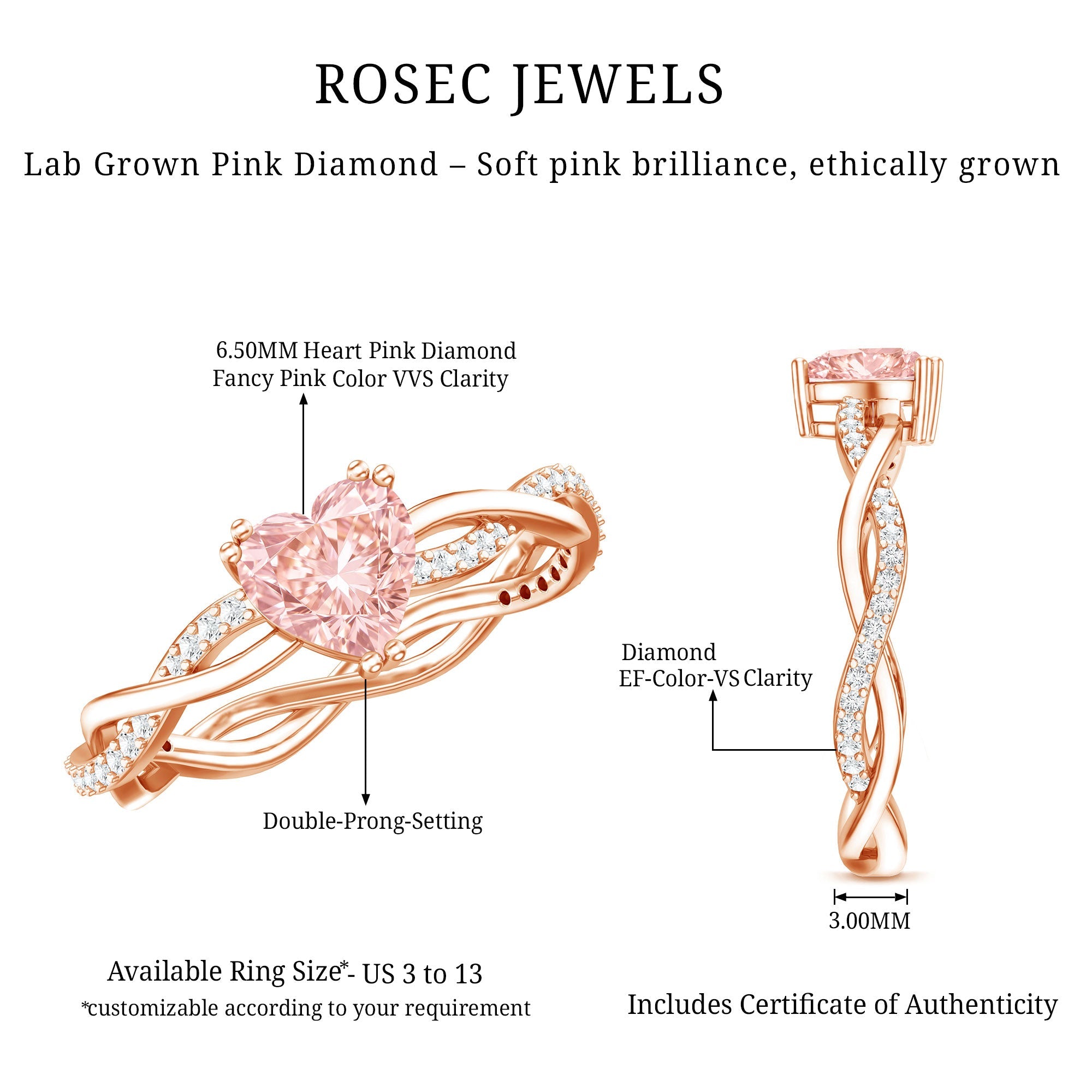1 CT IGI Certified Lab Grown Pink Diamond Heart Engagement Ring with Crossover Shank