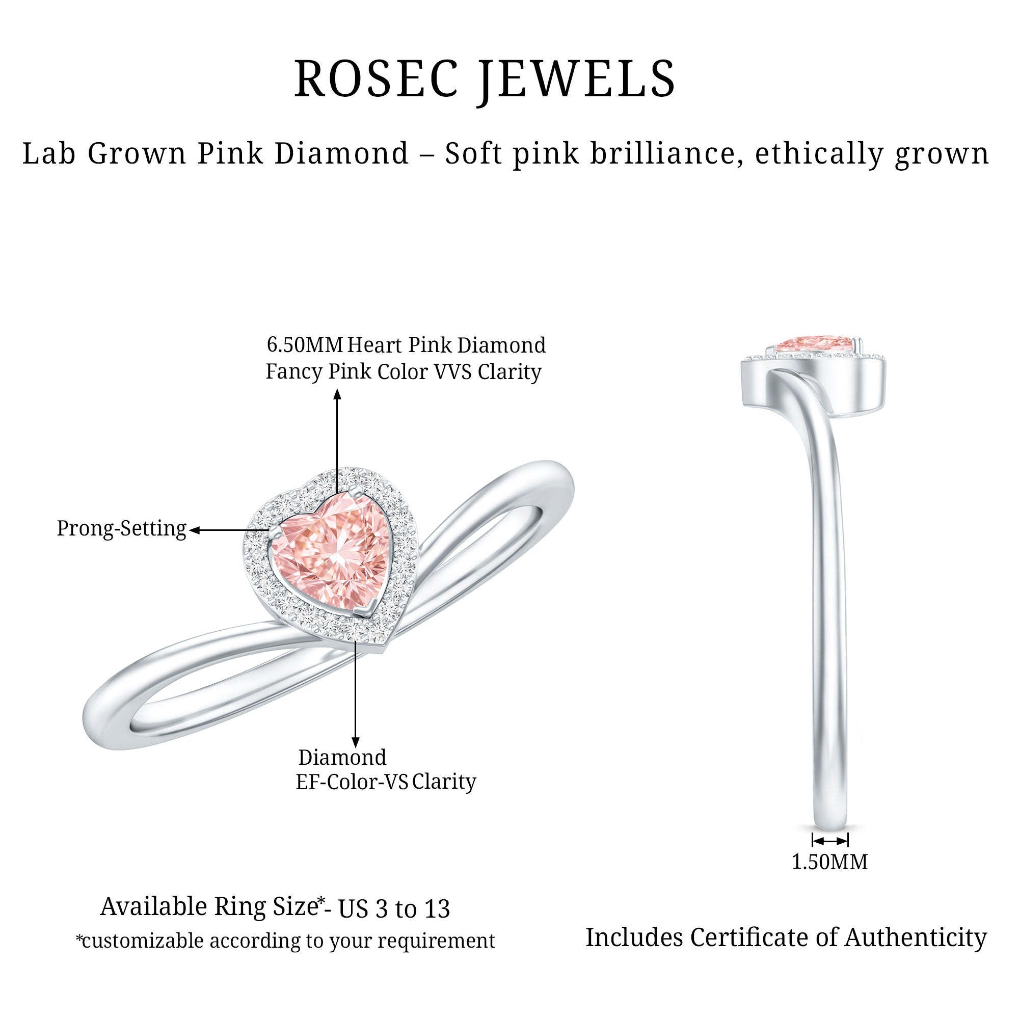 IGI Certified Lab Grown Pink Diamond Heart Promise Ring with Halo