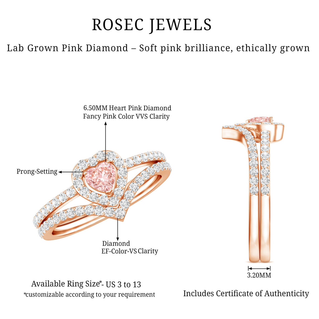 Heart Shape Lab Grown Pink and White Diamond Wedding Ring Set with IGI Certificate