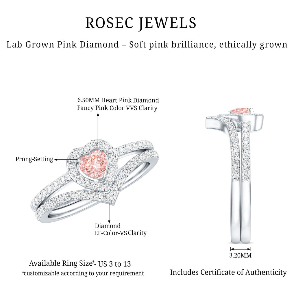 Heart Shape Lab Grown Pink and White Diamond Wedding Ring Set with IGI Certificate