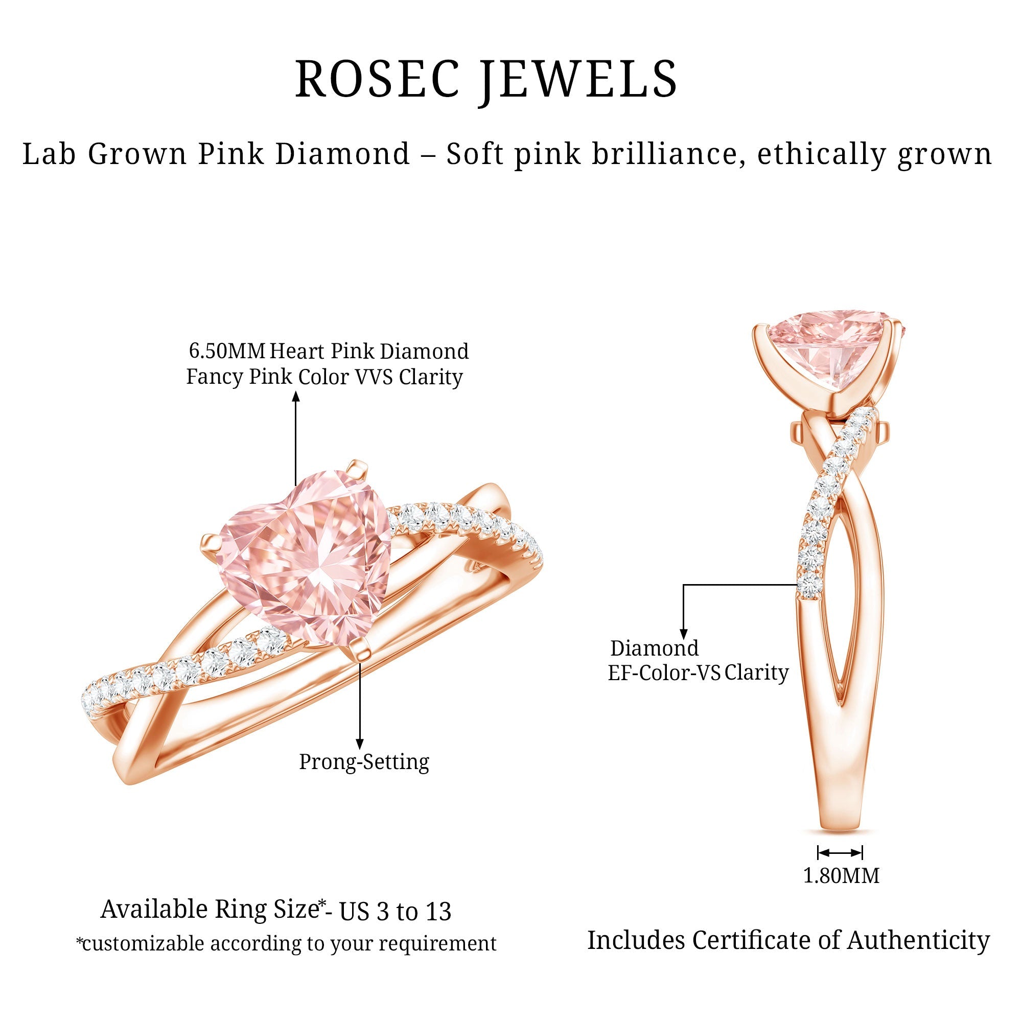 IGI Certified 1 CT Solitaire Lab Grown Pink Diamond Heart Engagement Ring