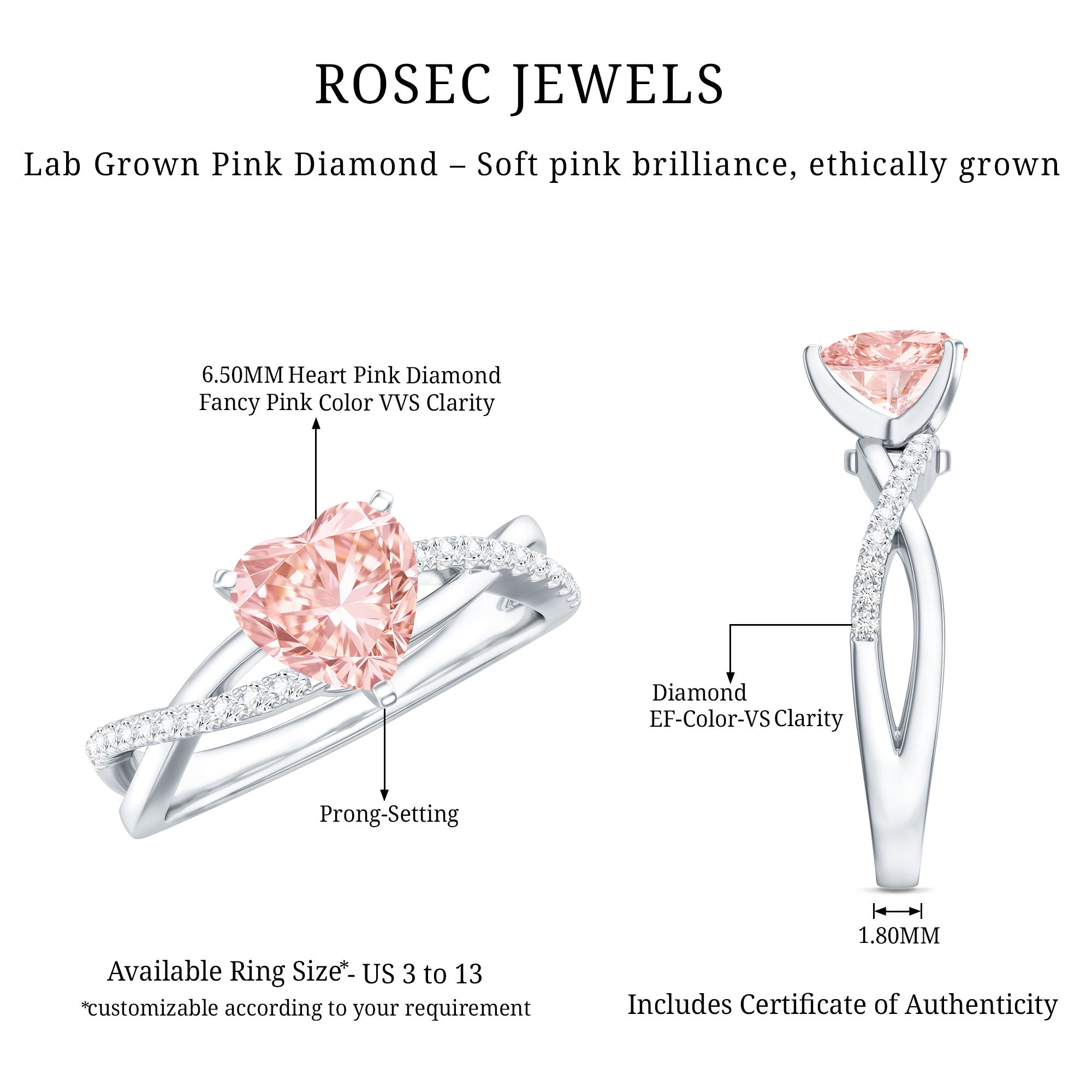 IGI Certified 1 CT Solitaire Lab Grown Pink Diamond Heart Engagement Ring