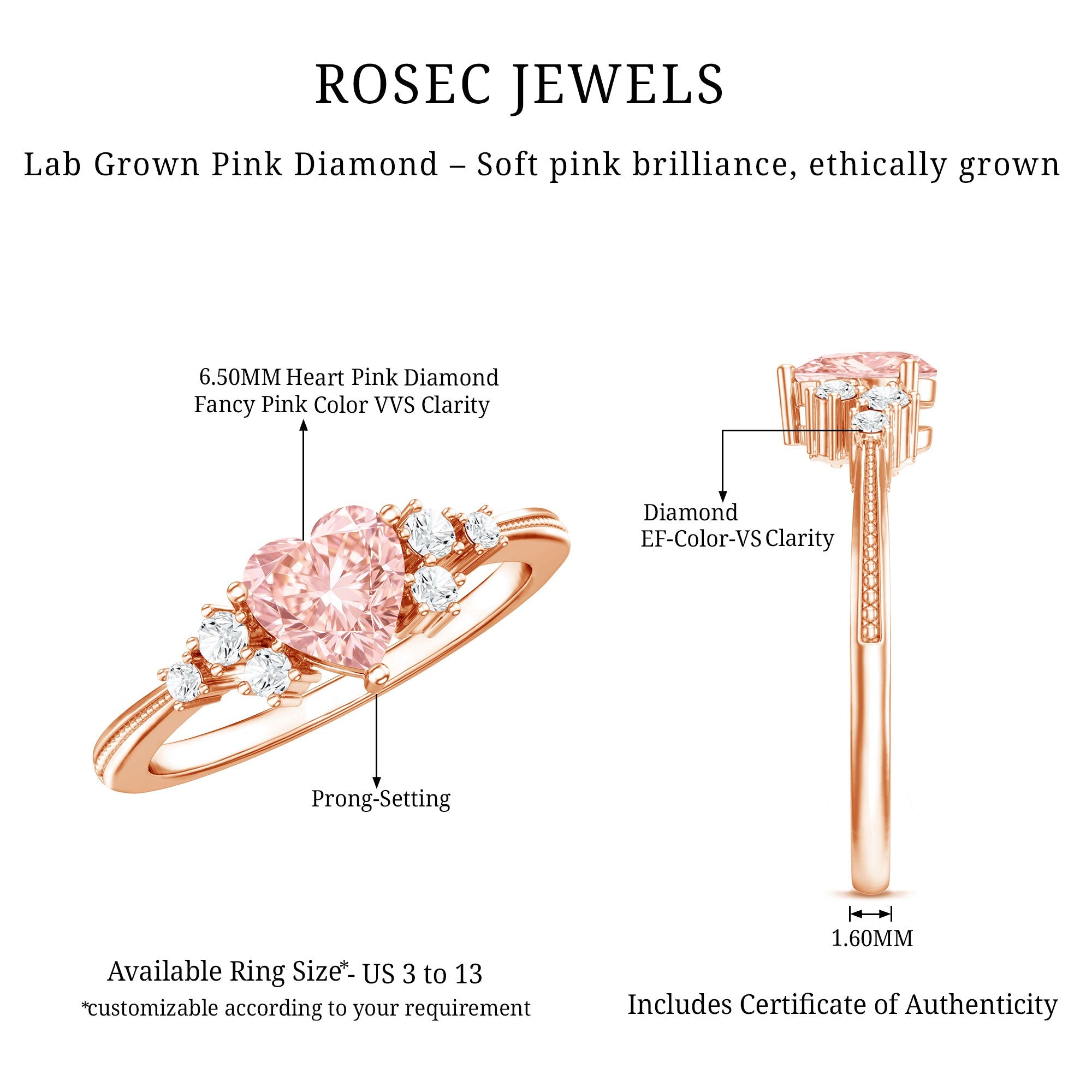 1 CT Lab Grown Pink and White Diamond Heart Engagement Ring IGI Certified