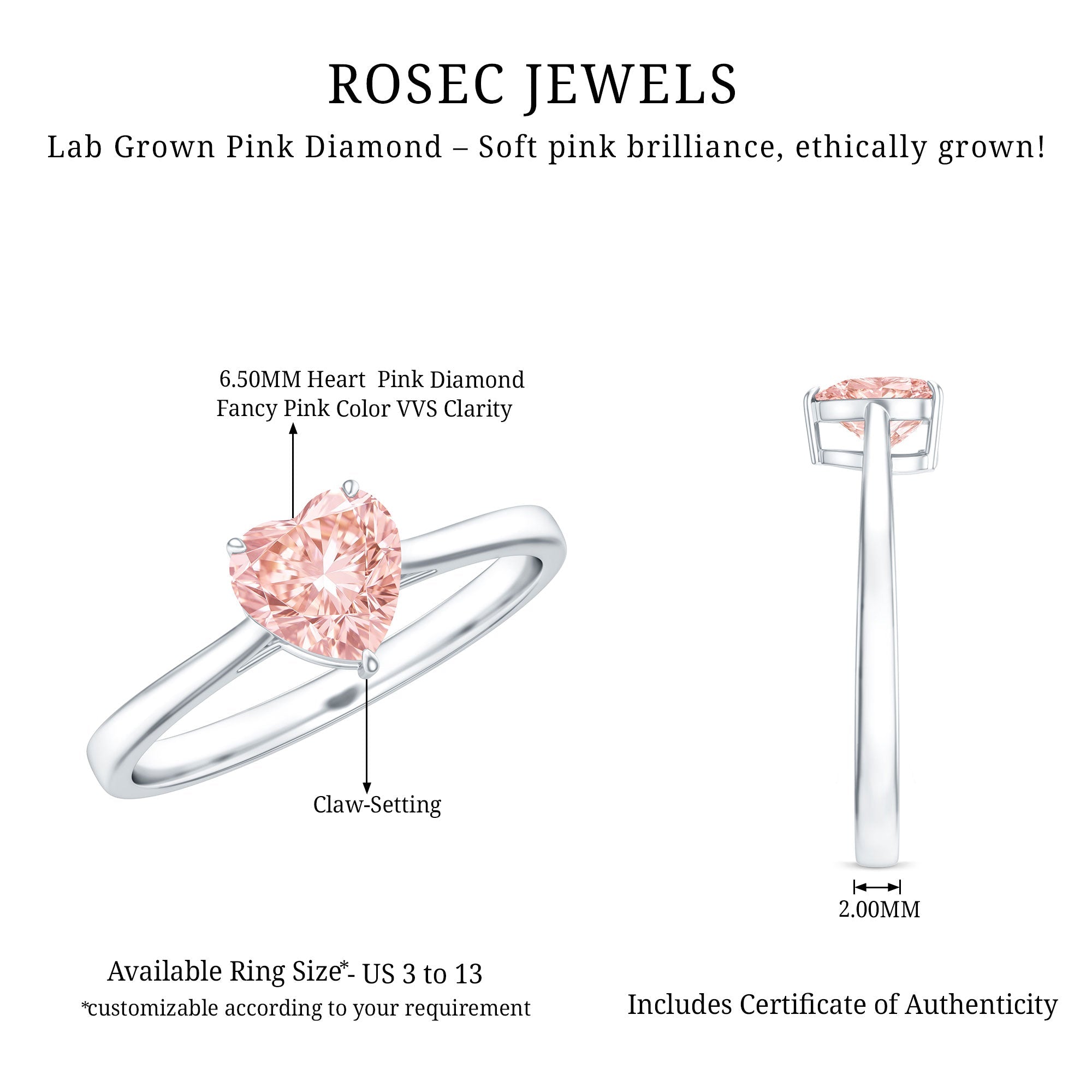 1 CT Lab Grown Pink Diamond Heart Promise Ring with IGI Certificate