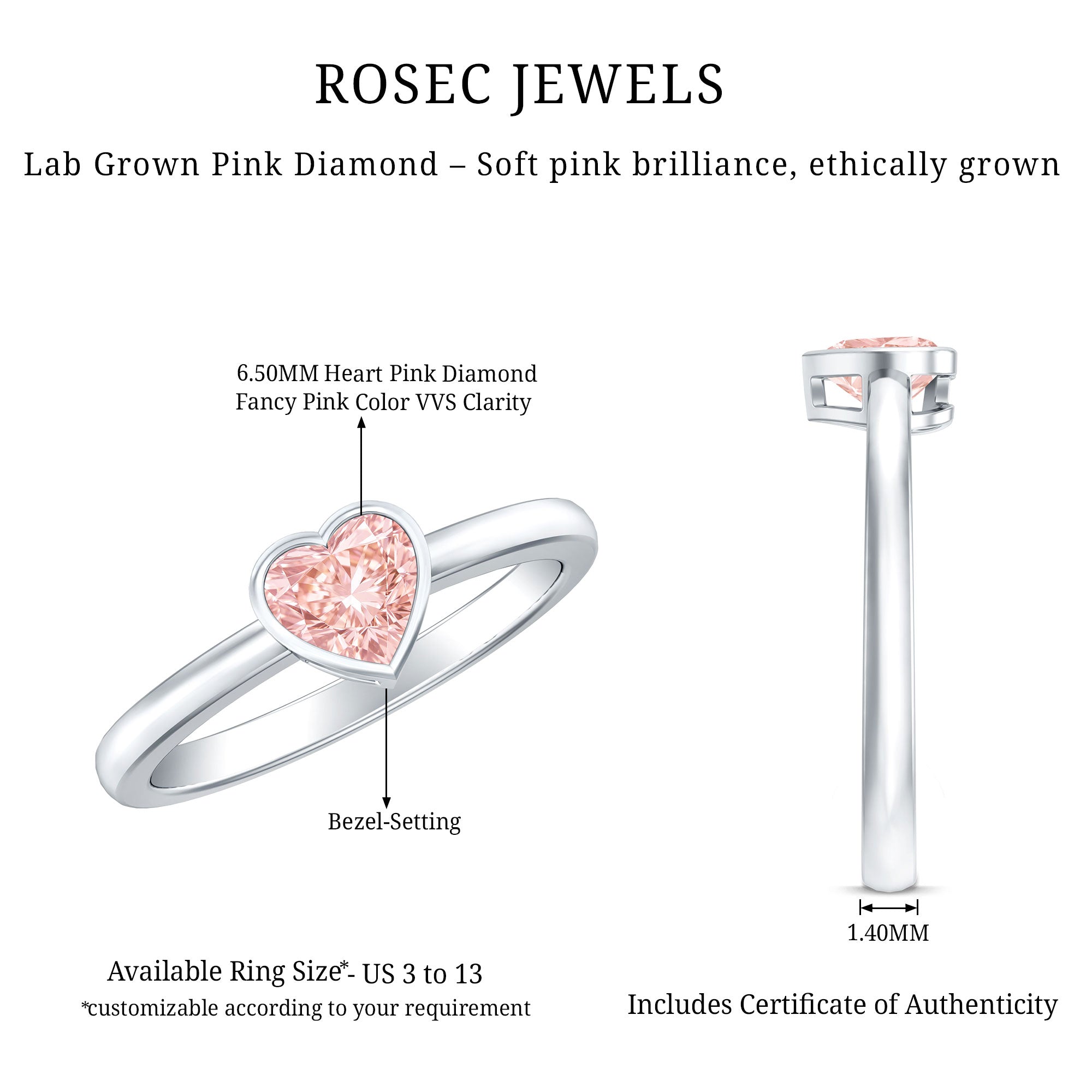 Bezel Set Lab Grown Pink Diamond Solitaire Promise Ring with IGI Certificate