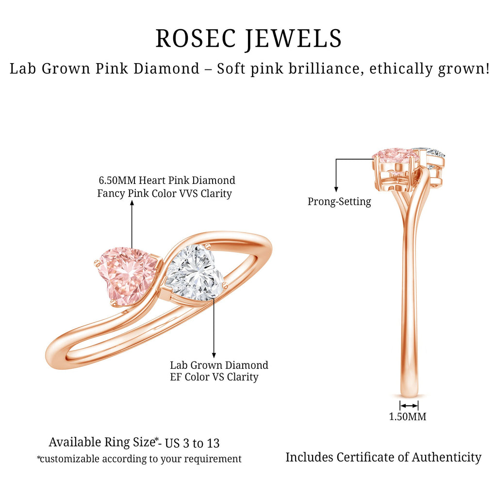 Lab Grown Pink and White Diamond Double Heart Promise Ring IGI Certified