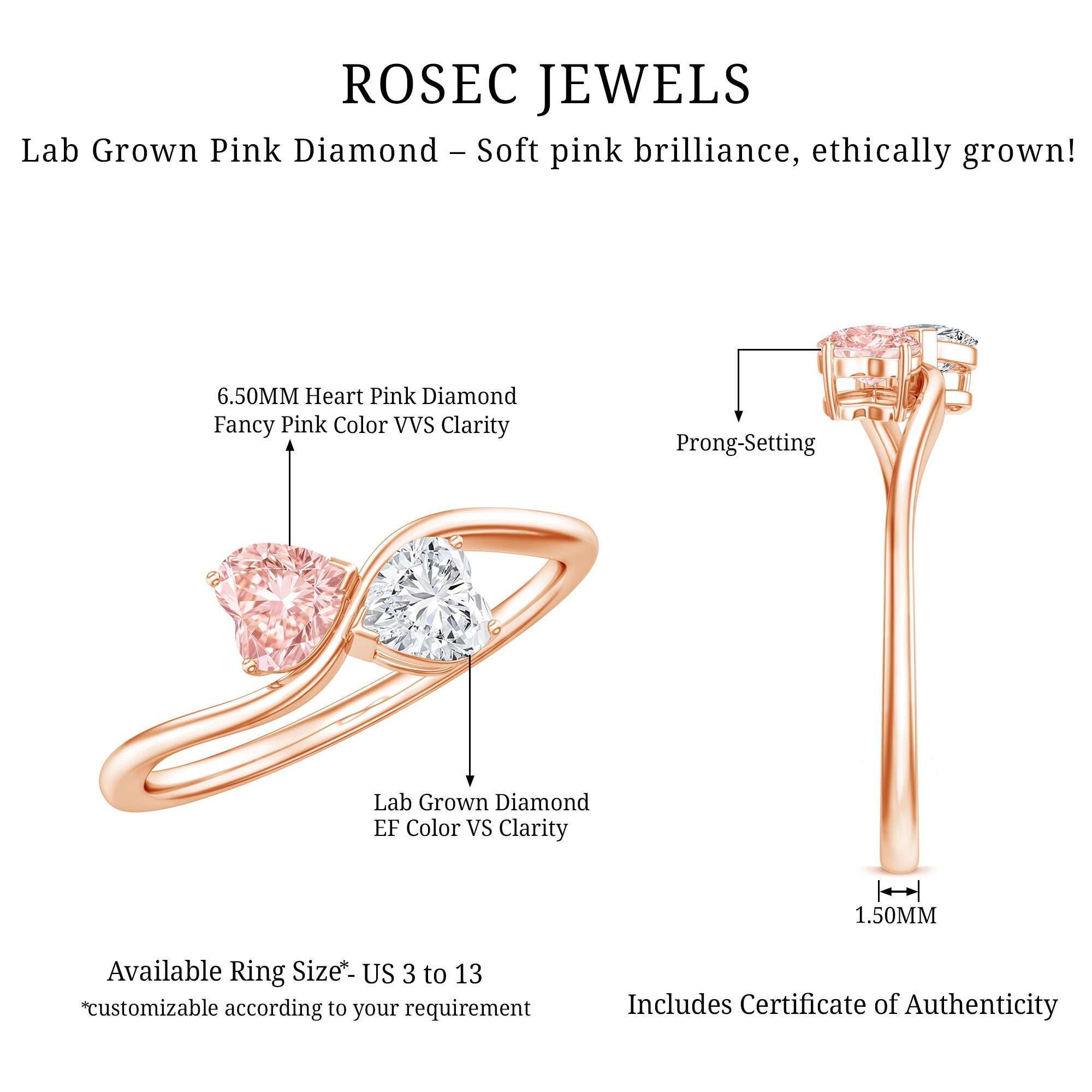 Lab Grown Pink and White Diamond Double Heart Promise Ring IGI Certified
