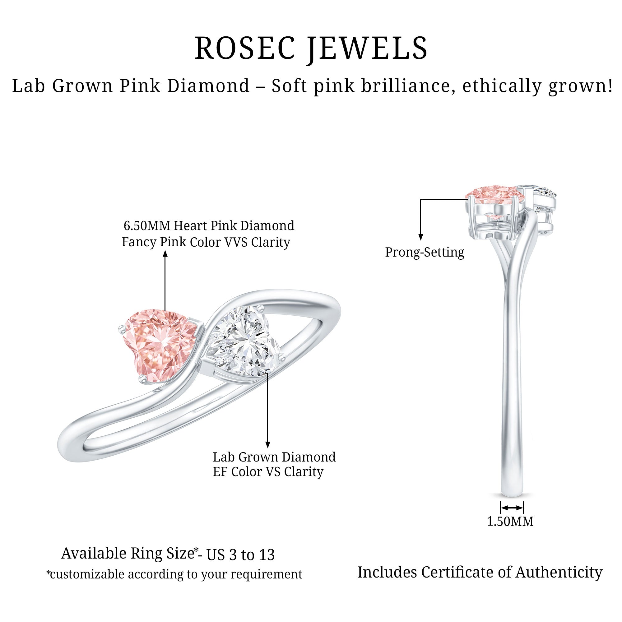 Lab Grown Pink and White Diamond Double Heart Promise Ring IGI Certified