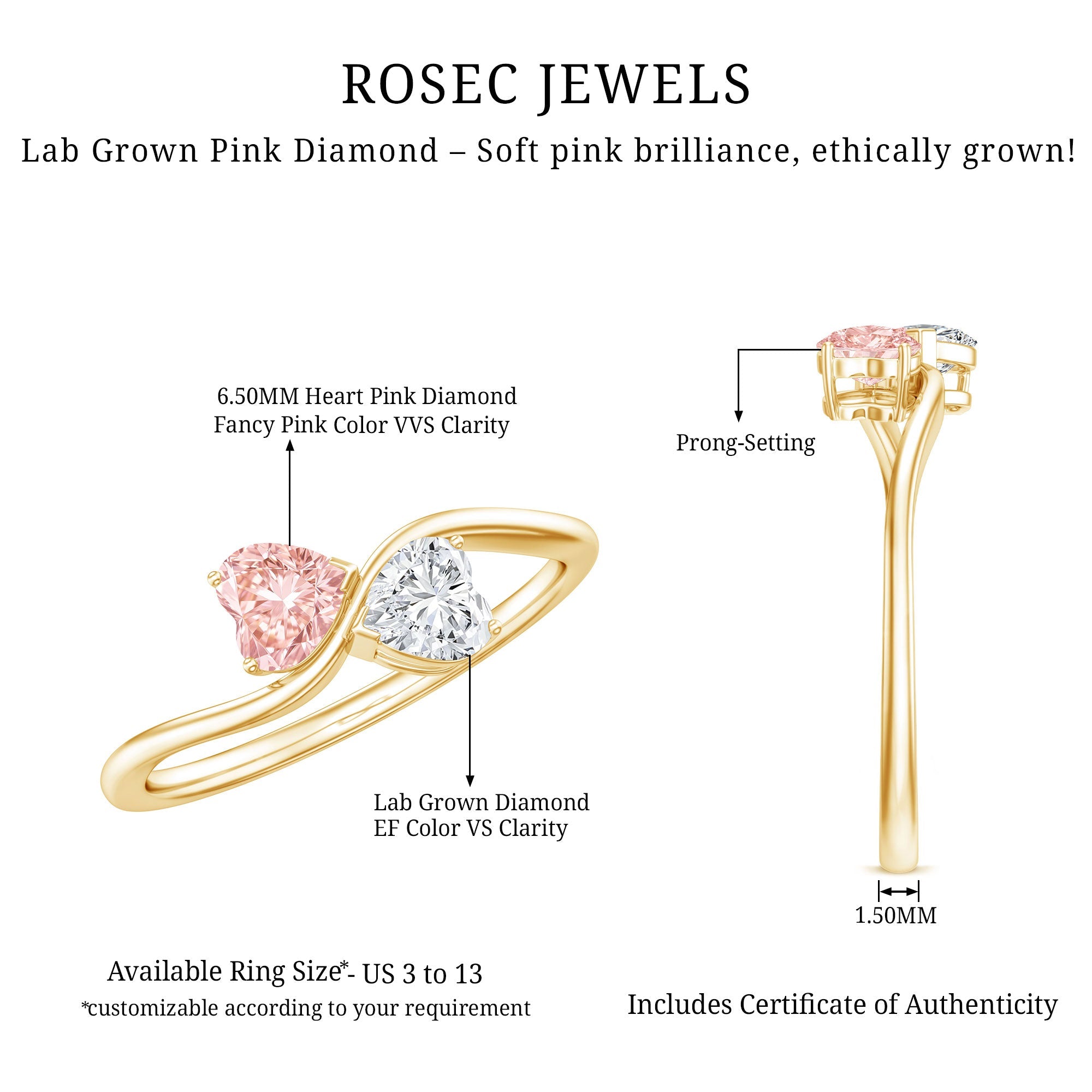 Lab Grown Pink and White Diamond Double Heart Promise Ring IGI Certified
