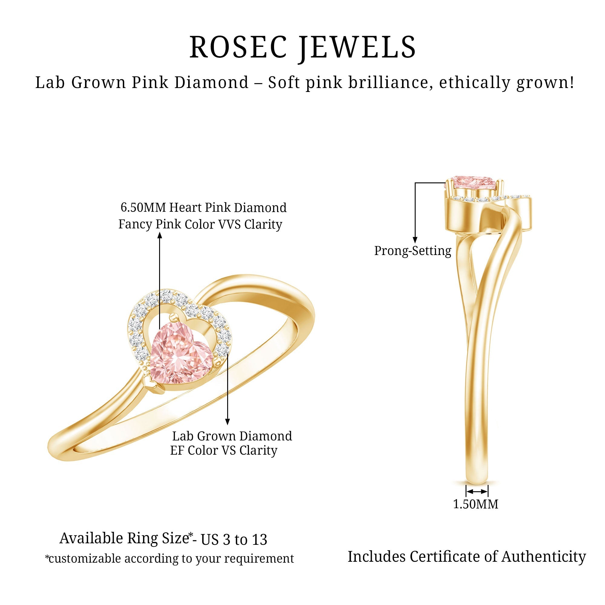 IGI Certified Lab Grown Pink Diamond Heart Promise Ring with Twisted Band