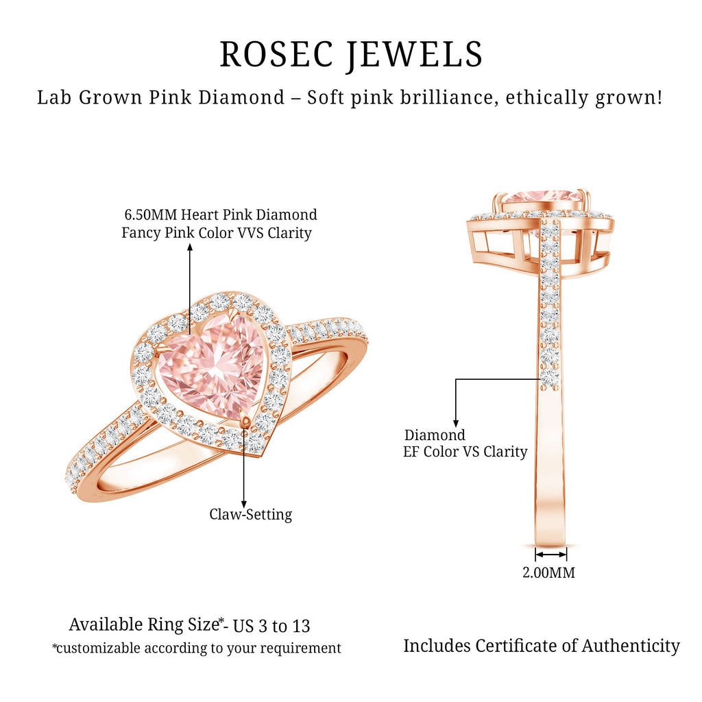 Heart Shape 1 CT Lab Grown Pink White Diamond Halo Engagement Ring IGI Certified