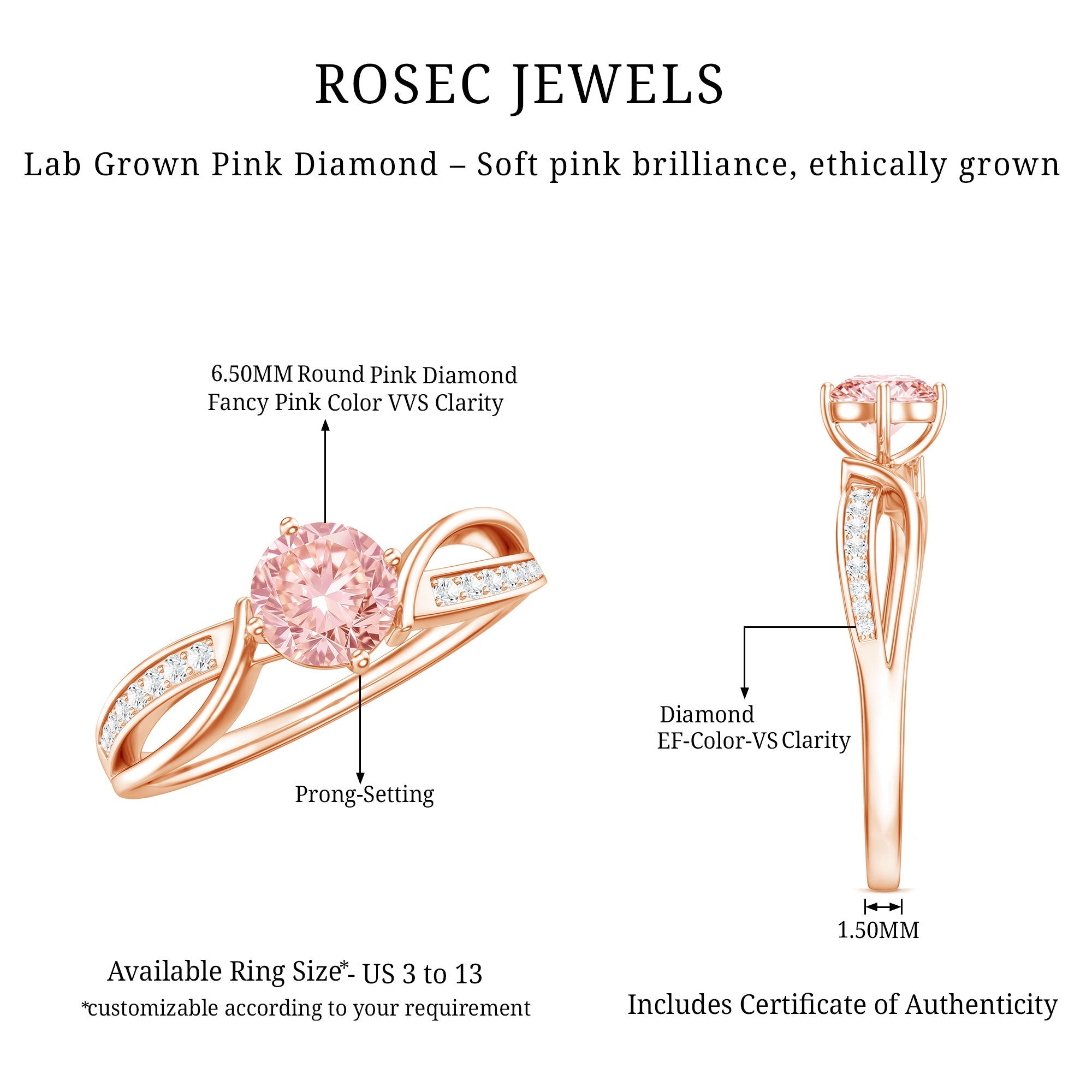 1 CT Lab Grown Pink Diamond Infinity Engagement Ring with IGI Certificate