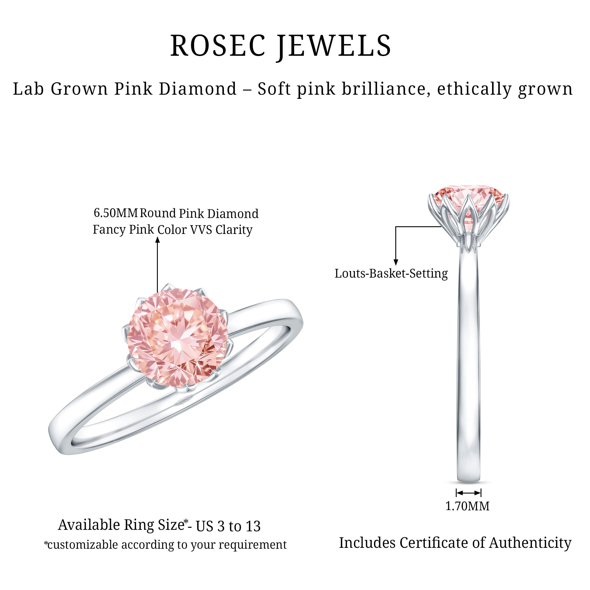 IGI Certified 1 CT Lab Grown Pink Diamond Solitaire Engagement Ring in Lotus Basket Setting